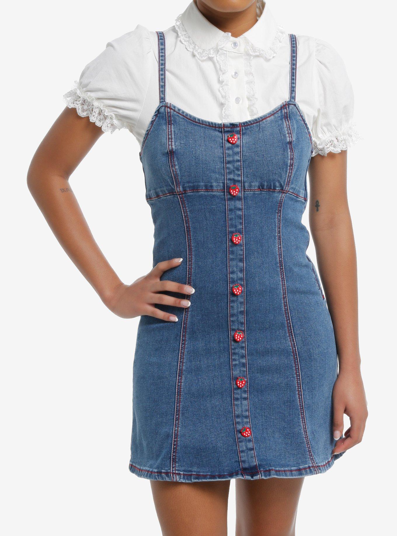 Sweet Society Strawberries Blue Denim Mini Dress - Blue - Medium Sweet Society Strawberries Blue Denim Mini Dress | Hot Topic