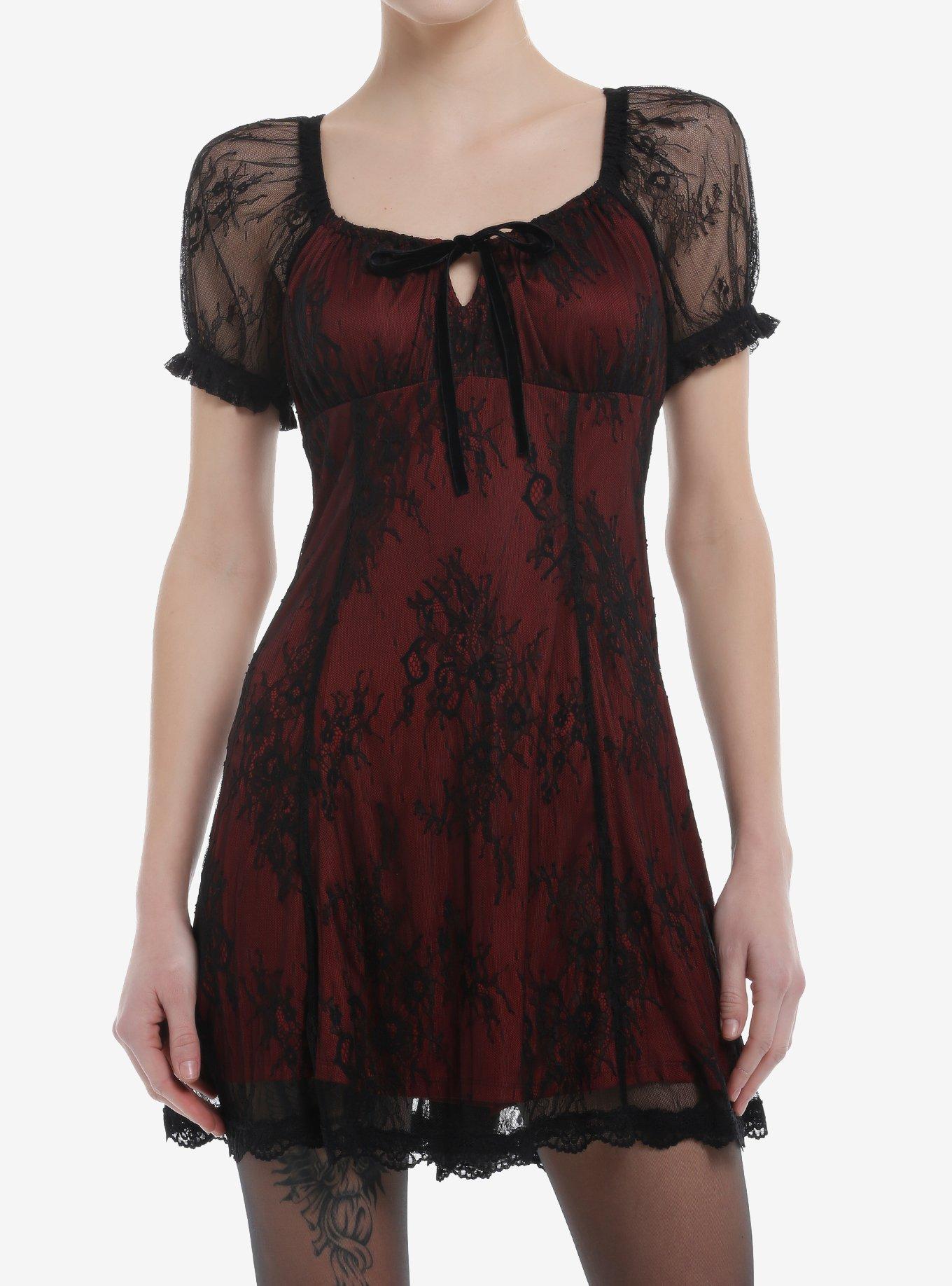 Cosmic Aura Red & Black Lace Empire Dress, , hi-res