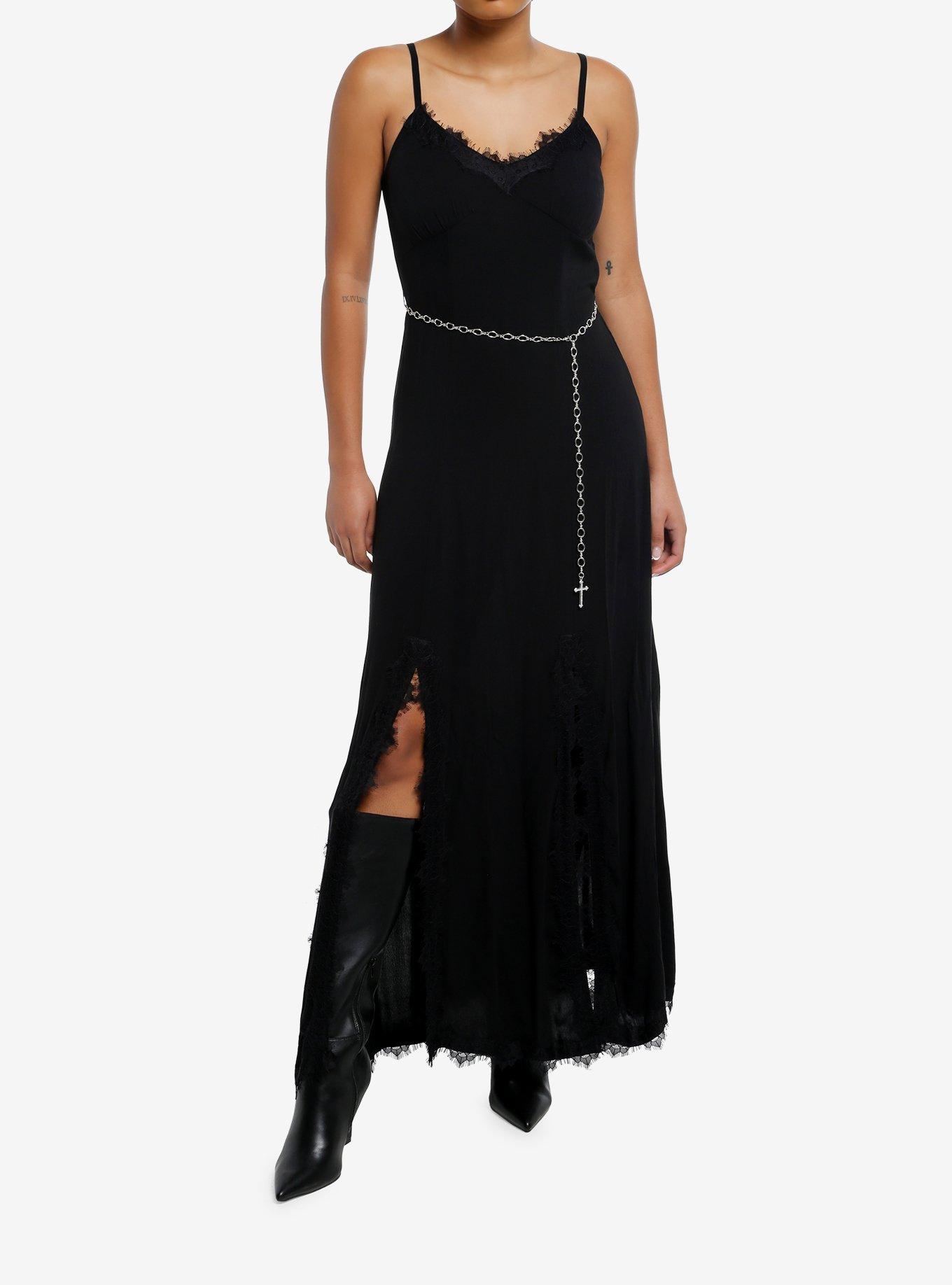 Cosmic Aura Black Double Slit Cross Chain Belt Maxi Dress, , hi-res