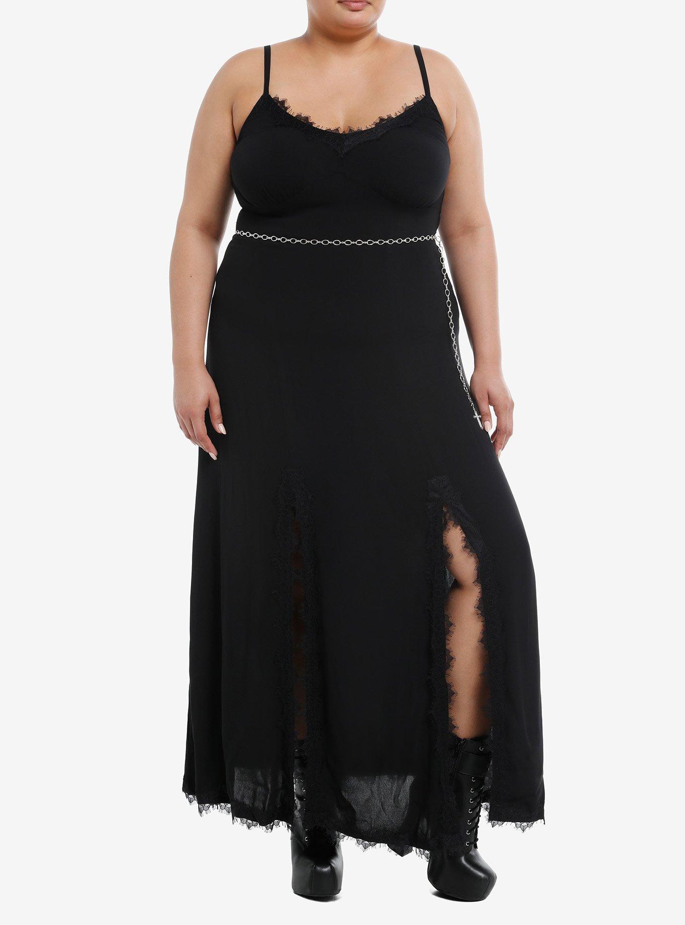 Cosmic Aura Black Double Slit Cross Chain Belt Maxi Dress Plus Size, , hi-res