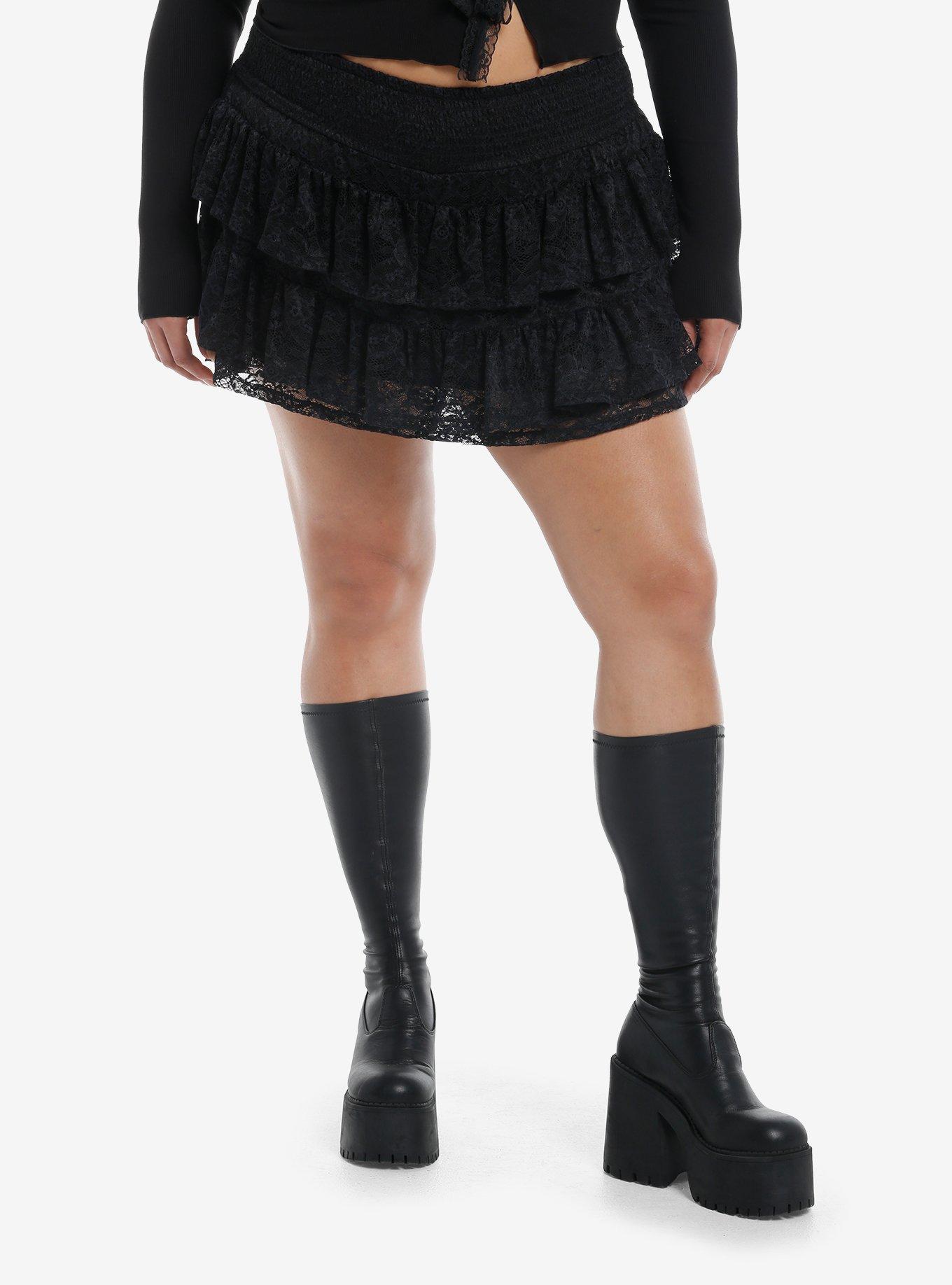 Social Collision Black Lace Ruffle Skort Plus Size, , hi-res