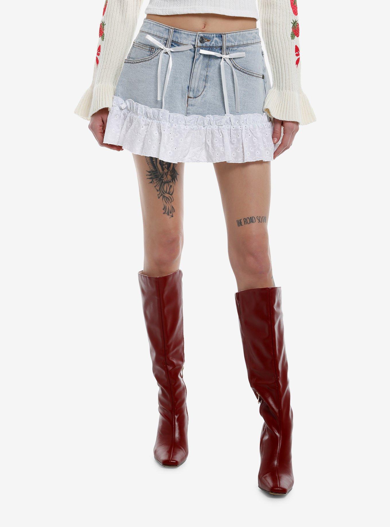 Sweet Society White Eyelet Trim Ribbon Denim Skirt, , hi-res