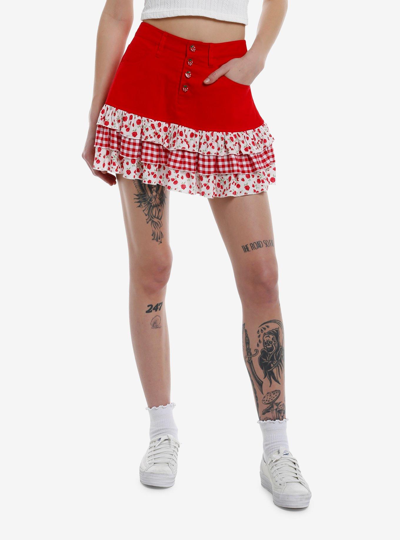 Sweet Society Strawberry Gingham Ruffle Tiered Skirt | Hot Topic