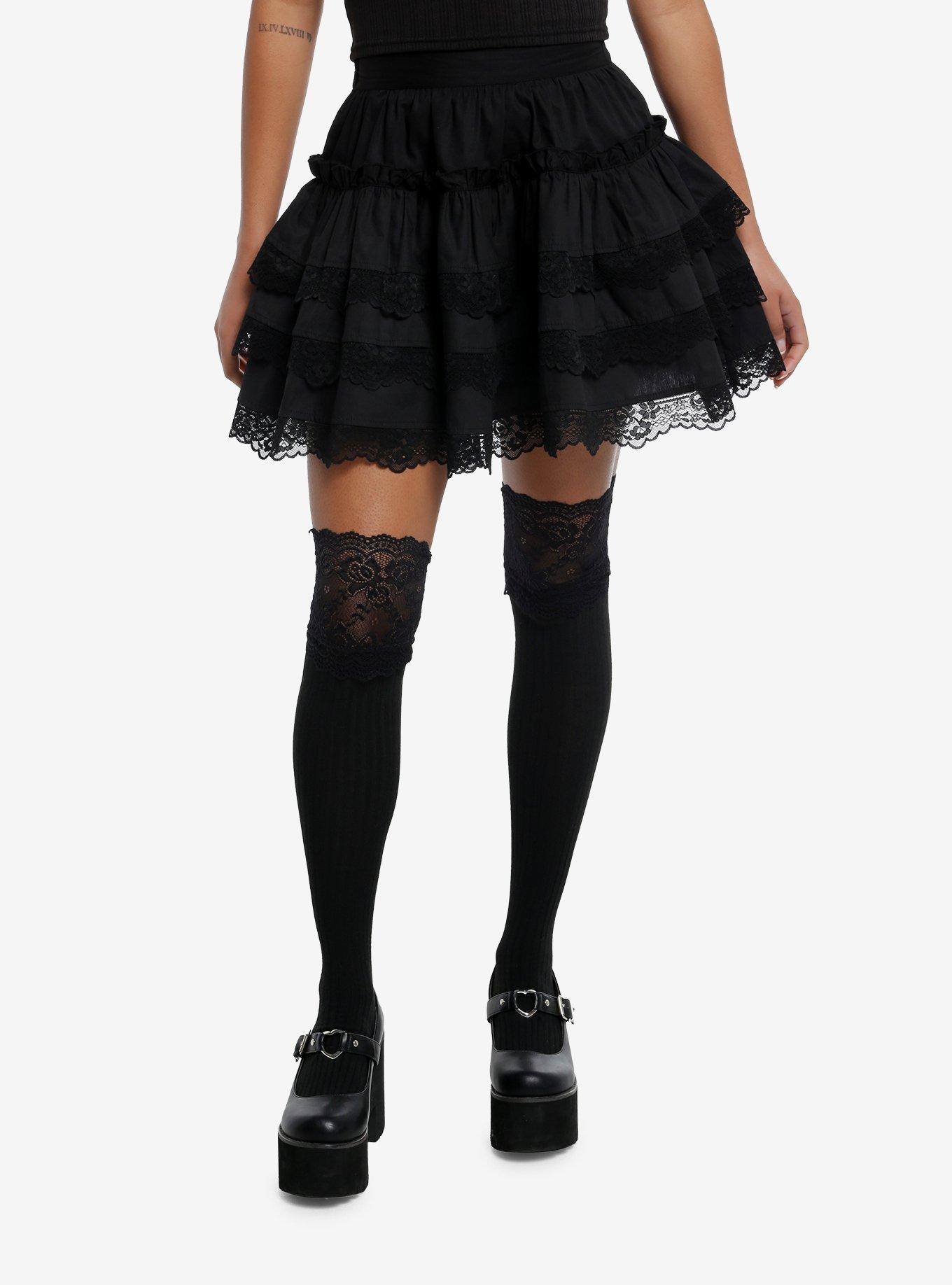 Cosmic Aura Black Lace Trim Tiered Mini Skirt, , hi-res