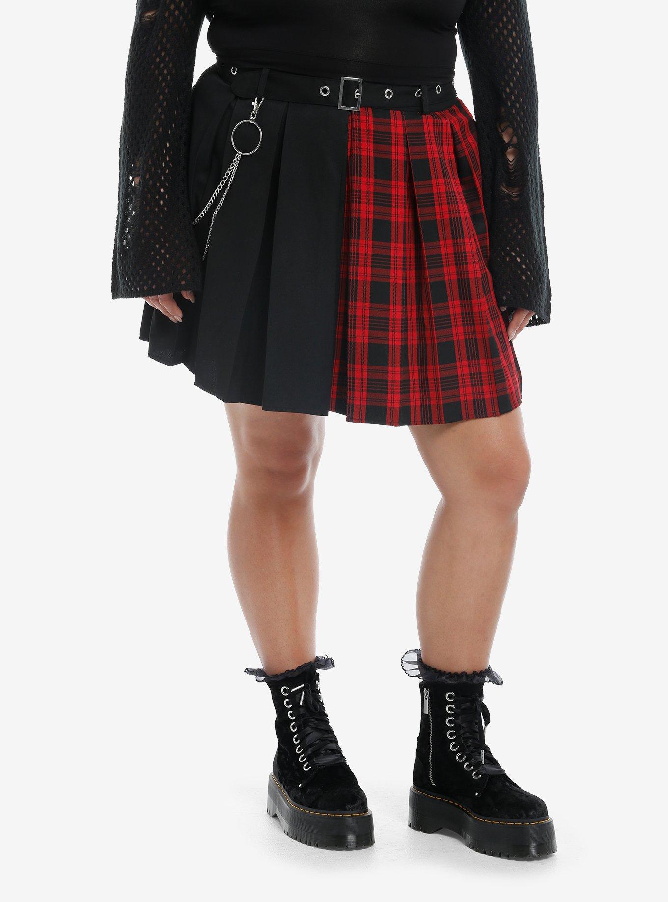 Social Collision Plaid Split Belted Skirt With Chain Plus Size, , hi-res