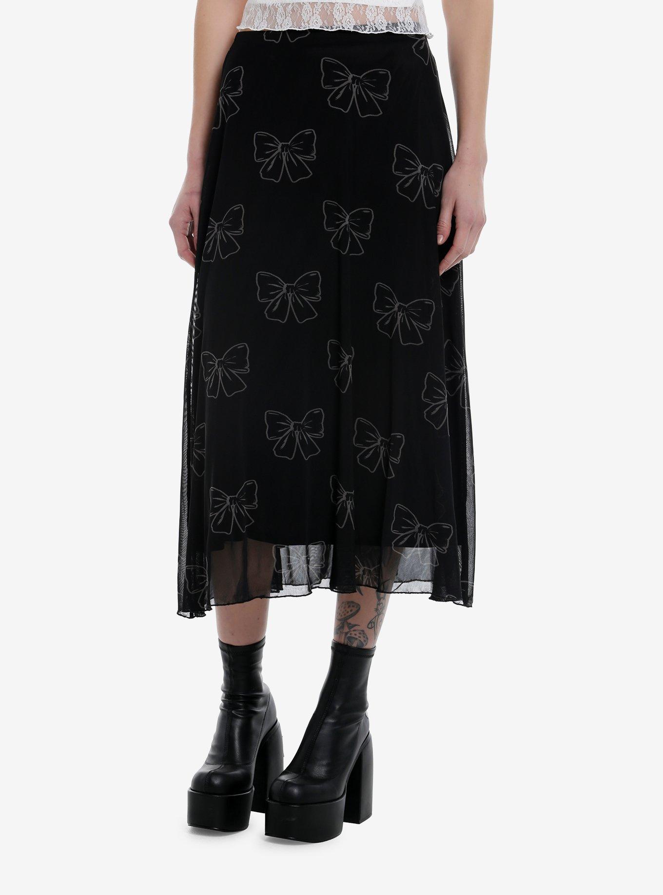 Cosmic Aura Black & Grey Bows Mesh Midi Skirt, , hi-res