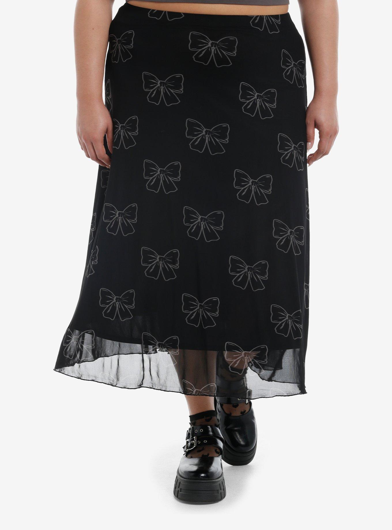 Cosmic Aura Black & Grey Bows Mesh Midi Skirt Plus Size, , hi-res