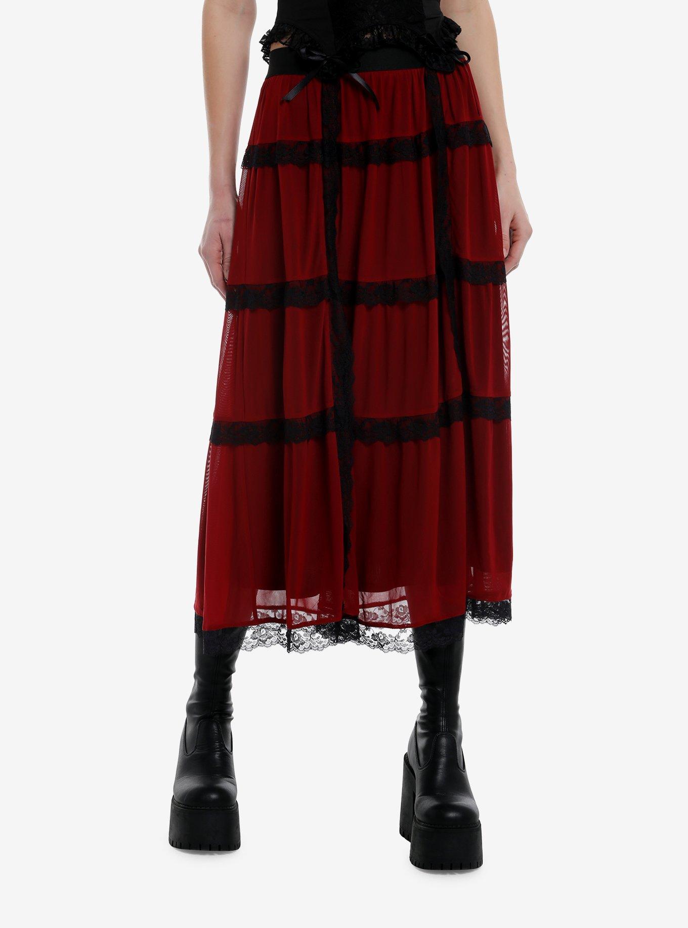 Cosmic Aura Red & Black Lace Midaxi Skirt, , hi-res