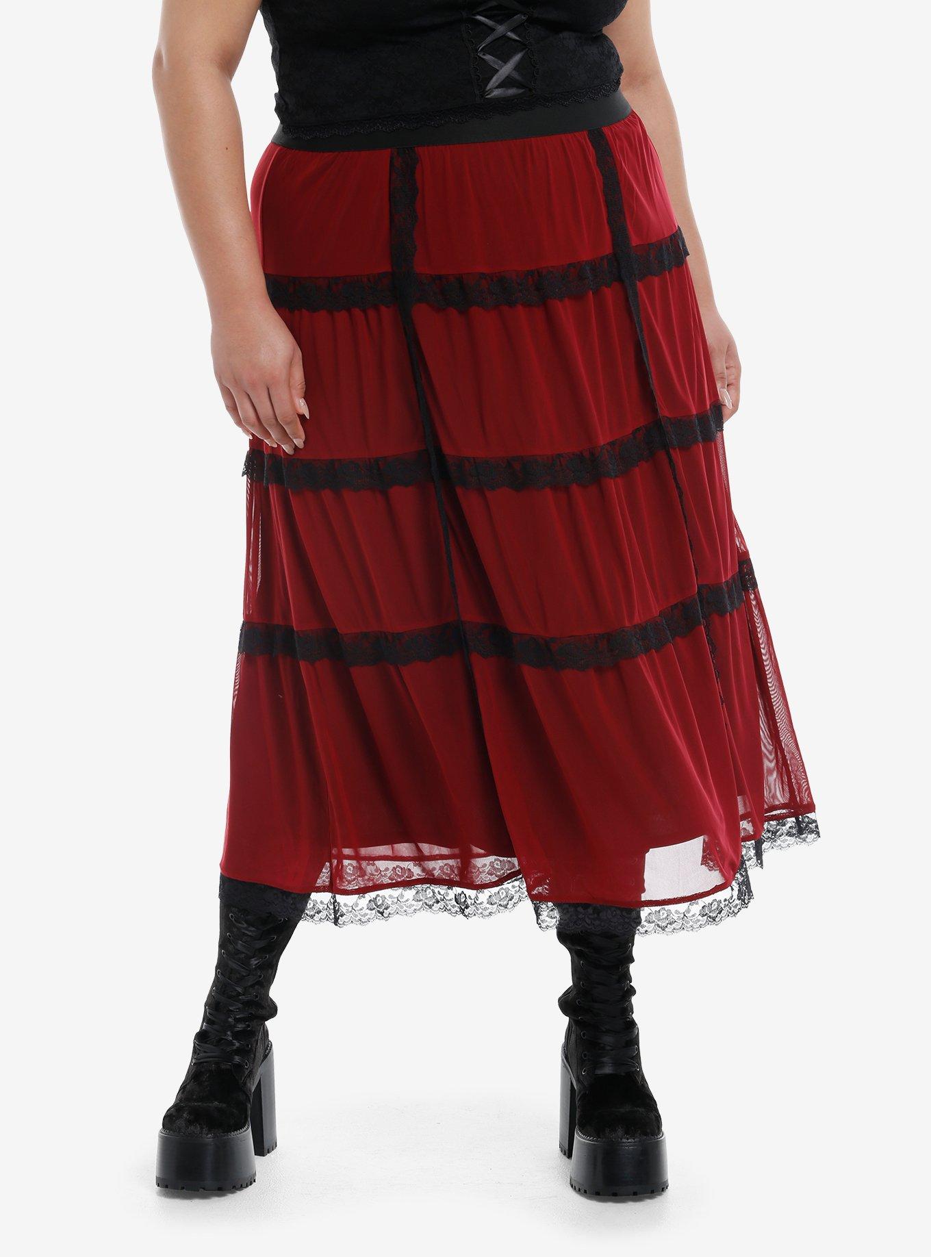 Cosmic Aura Red & Black Lace Midaxi Skirt Plus Size, , hi-res