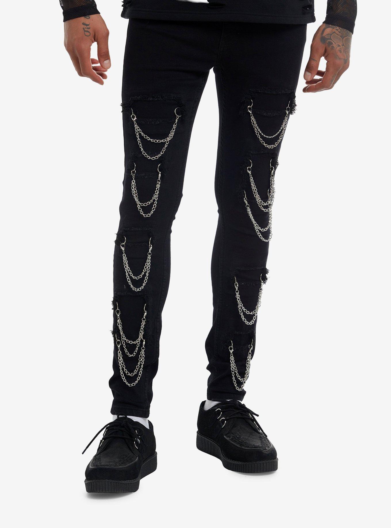 Black Destructed Chain Stinger Jeans, , hi-res