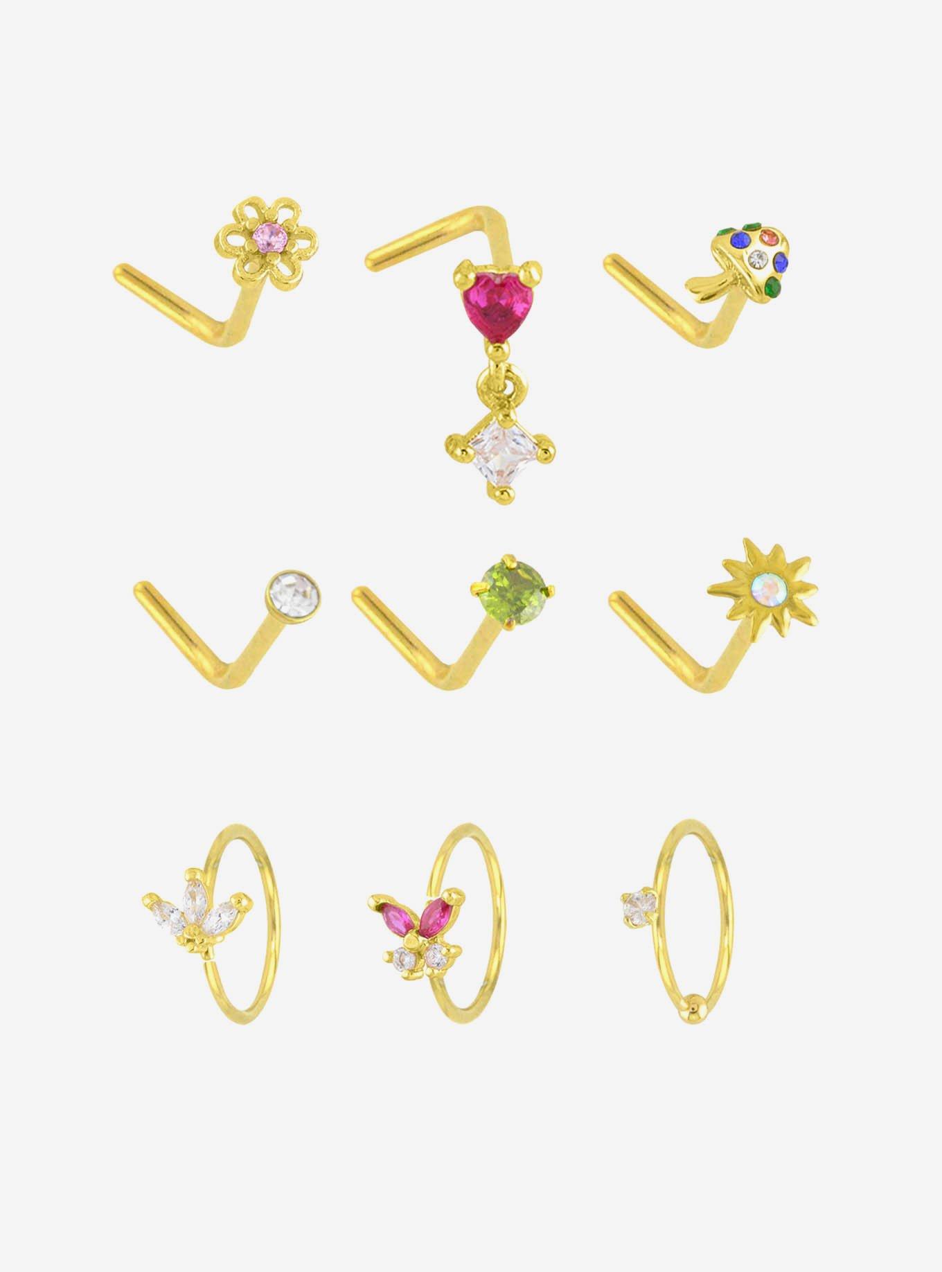 Steel Gold Mushroom & Daisy Nose Stud & Hoop 9 Pack, , hi-res