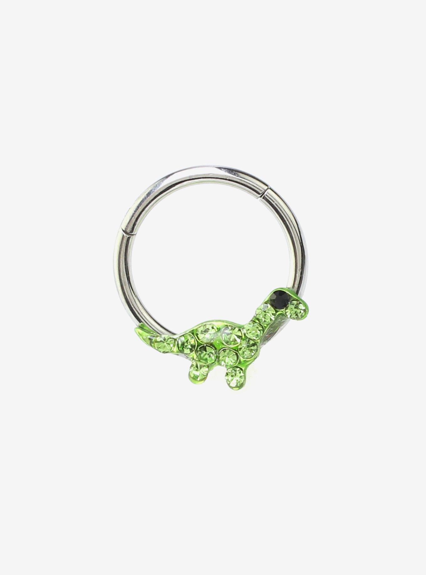 Steel Silver Green CZ Dino Hinged Clicker, , hi-res
