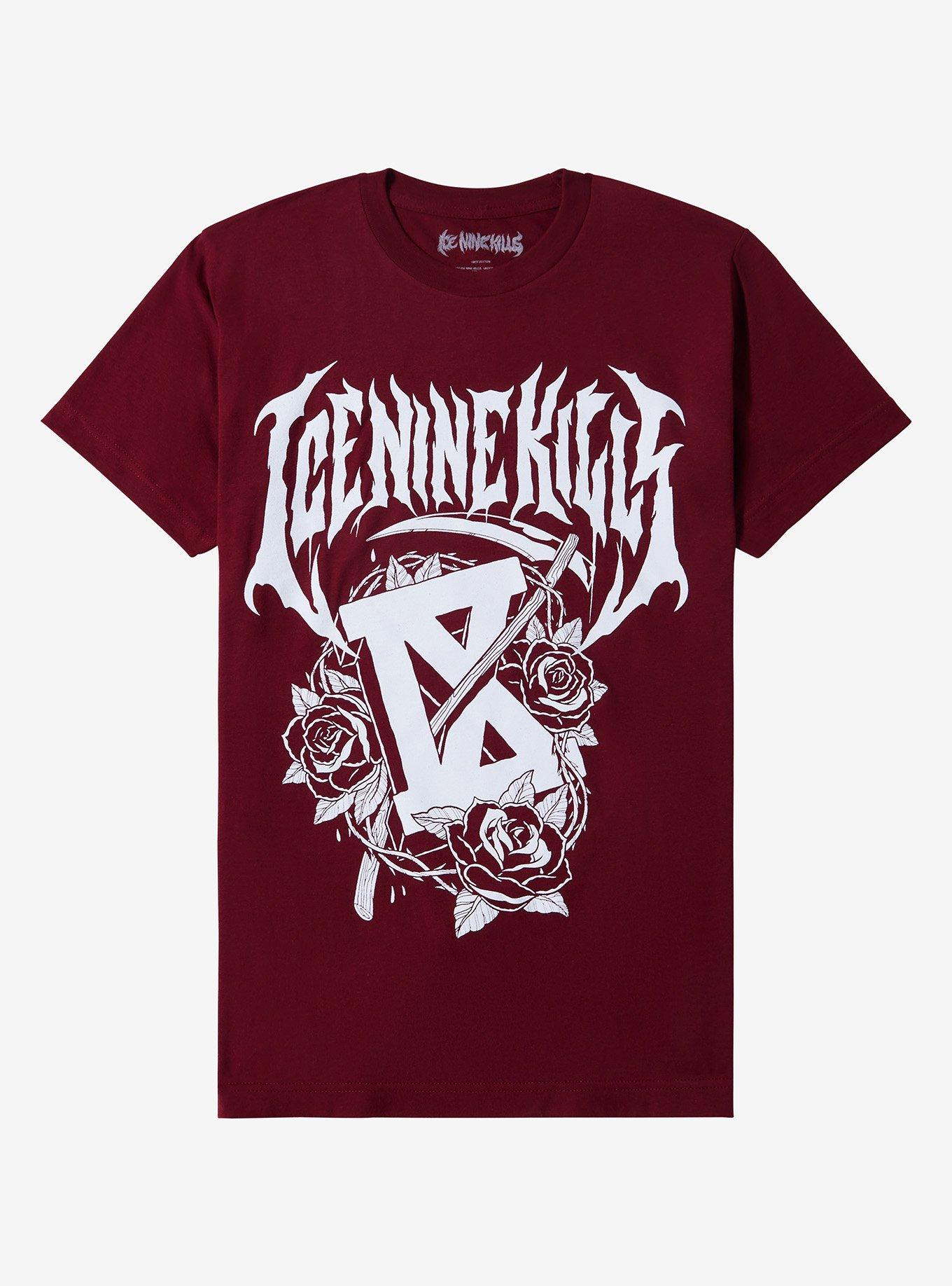 Ice Nine Kills Scythe Burgundy Boyfriend Fit Girls T-Shirt, MAROON, hi-res