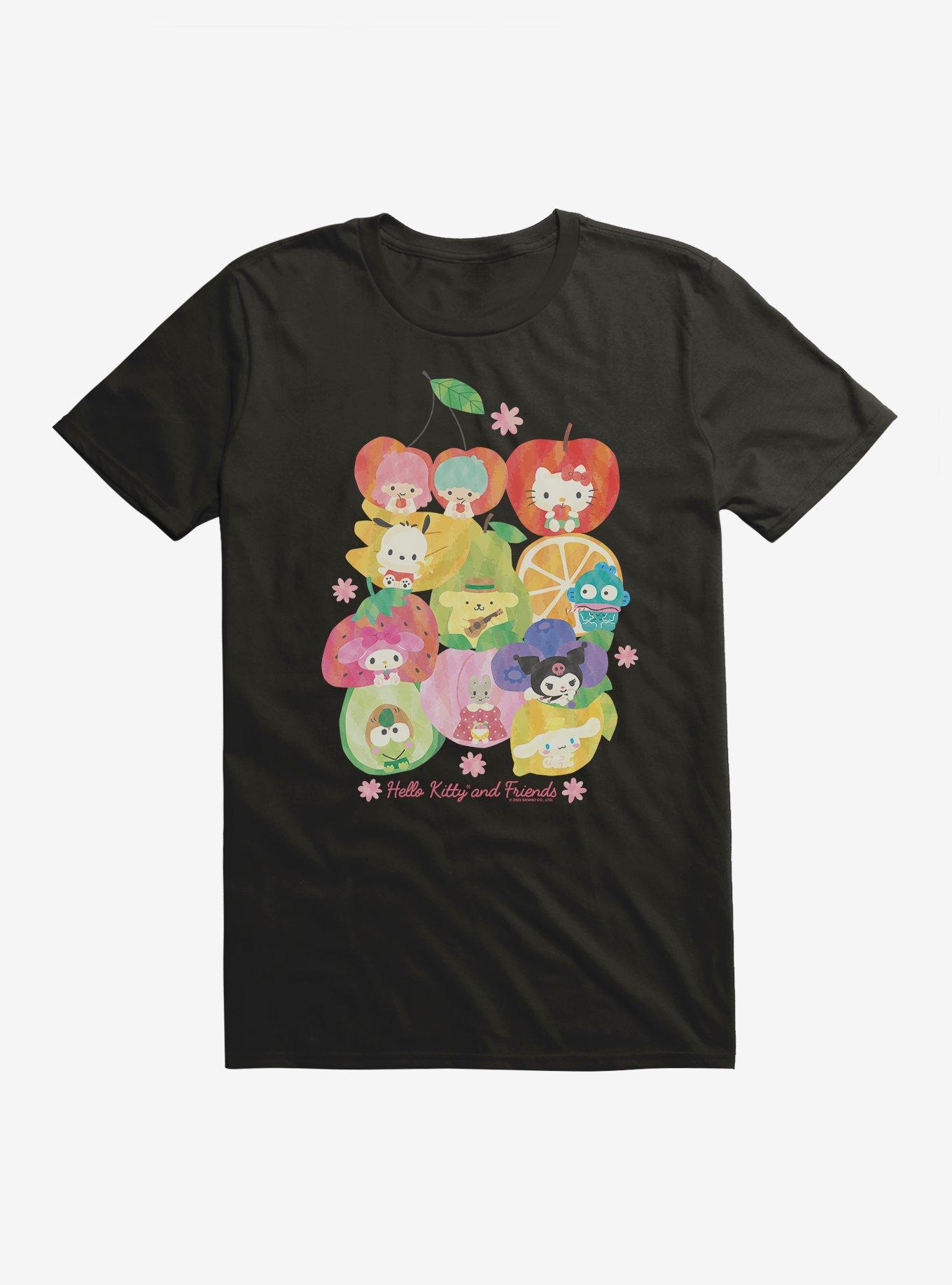 Hello Kitty And Friends Fruit Background Portrait T-Shirt, BLACK, hi-res