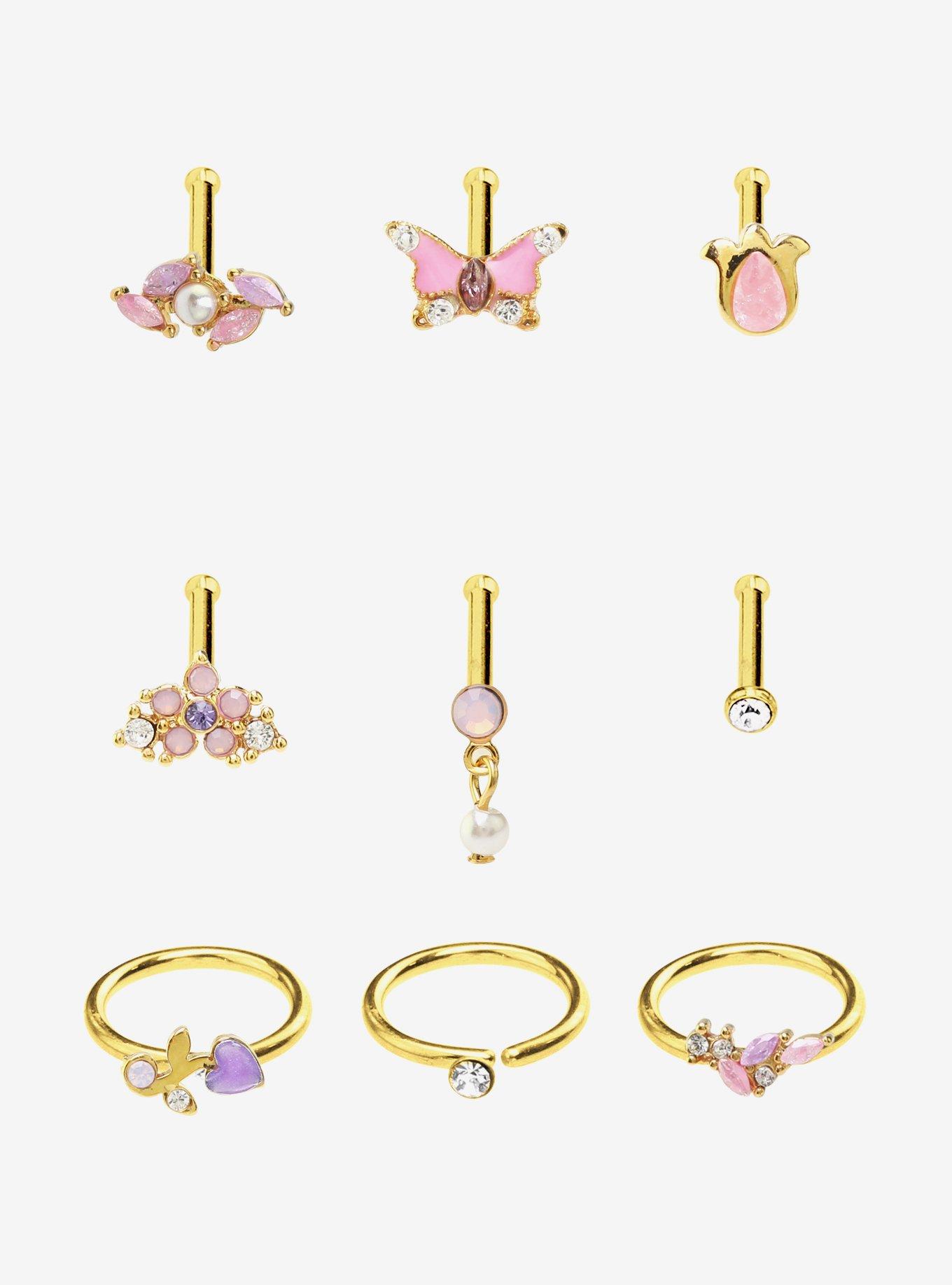 Steel Gold Pink Lily Of The Valley Floral Nose Stud & Hoop 9 Pack, , hi-res