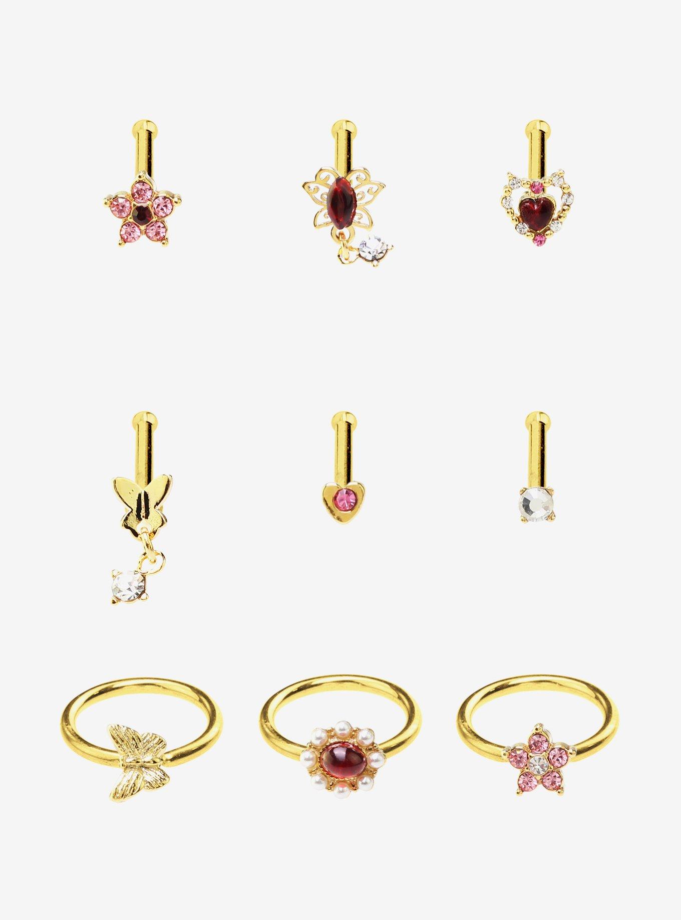 Steel Gold Magenta Gem & Butterfly Nose Stud & Hoop 9 Pack, , hi-res