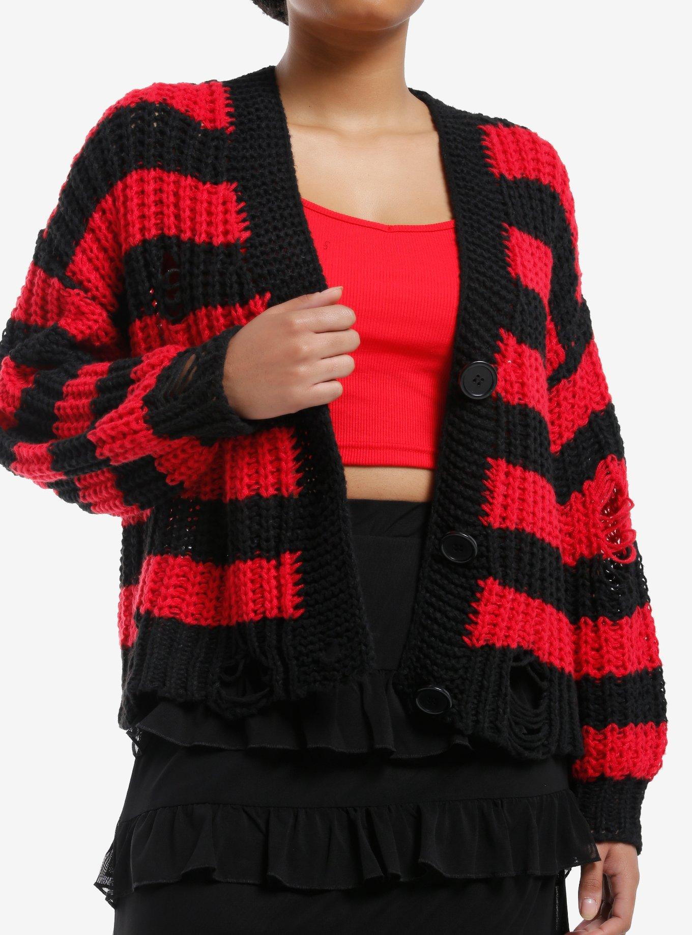 Red & Black Stripe Chunky Knit Girls Cardigan, , hi-res