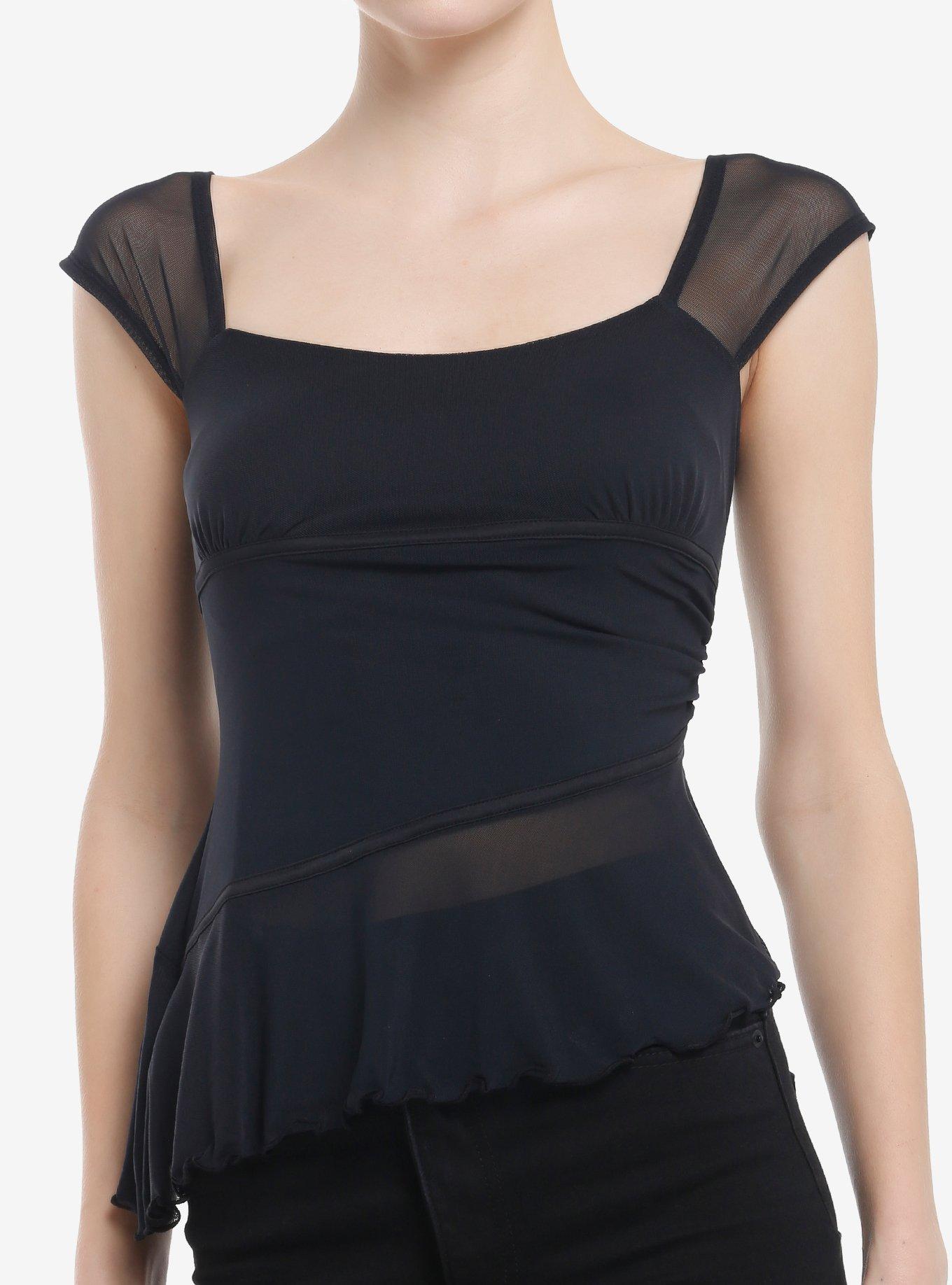 Cosmic Aura Black Mesh Asymmetrical Cap Sleeve Girls  Top, , hi-res