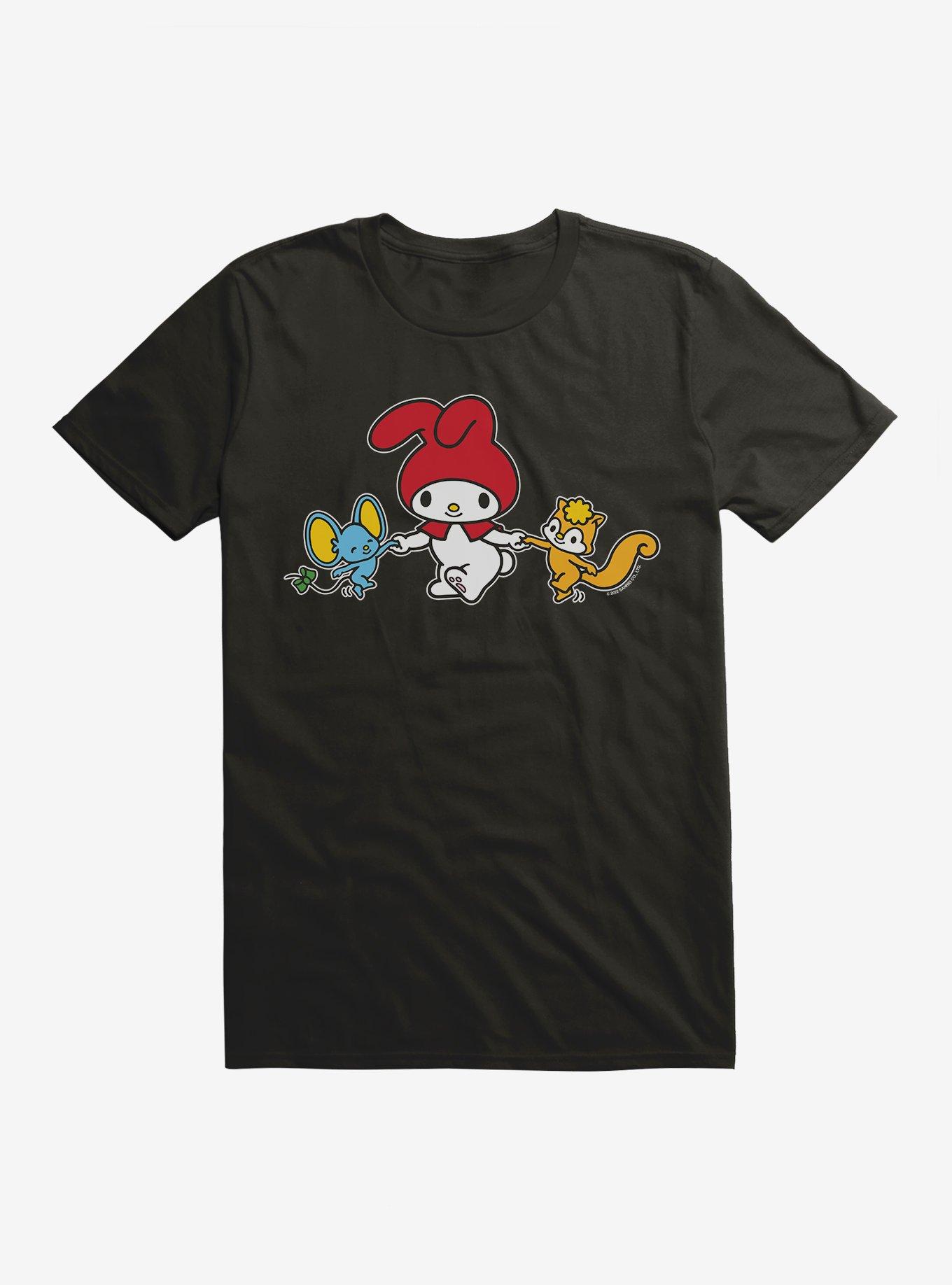 My Melody Dancing With Flat And Risu T-Shirt, BLACK, hi-res
