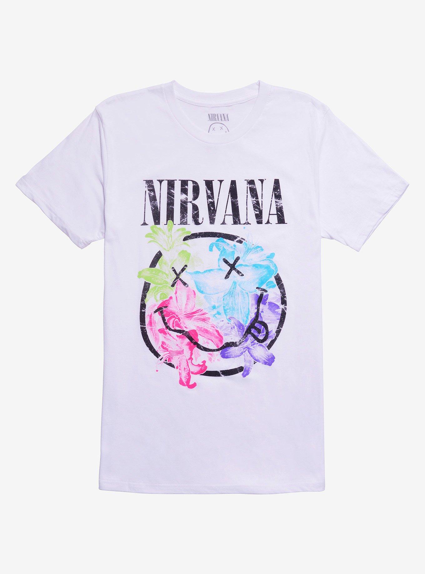 Nirvana Watercolor Flowers Smile Face T-Shirt, , hi-res