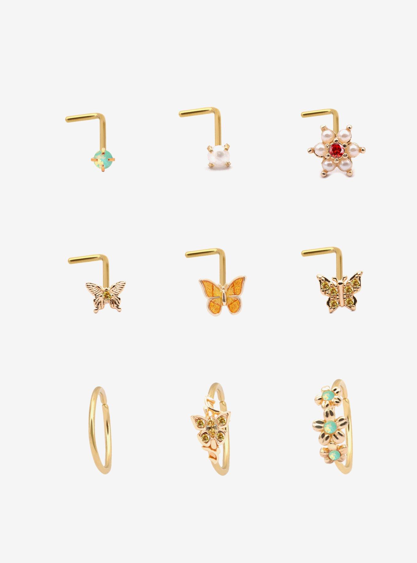 Steel Gold Butterfly Flower Nose Stud & Hoop 9 Pack