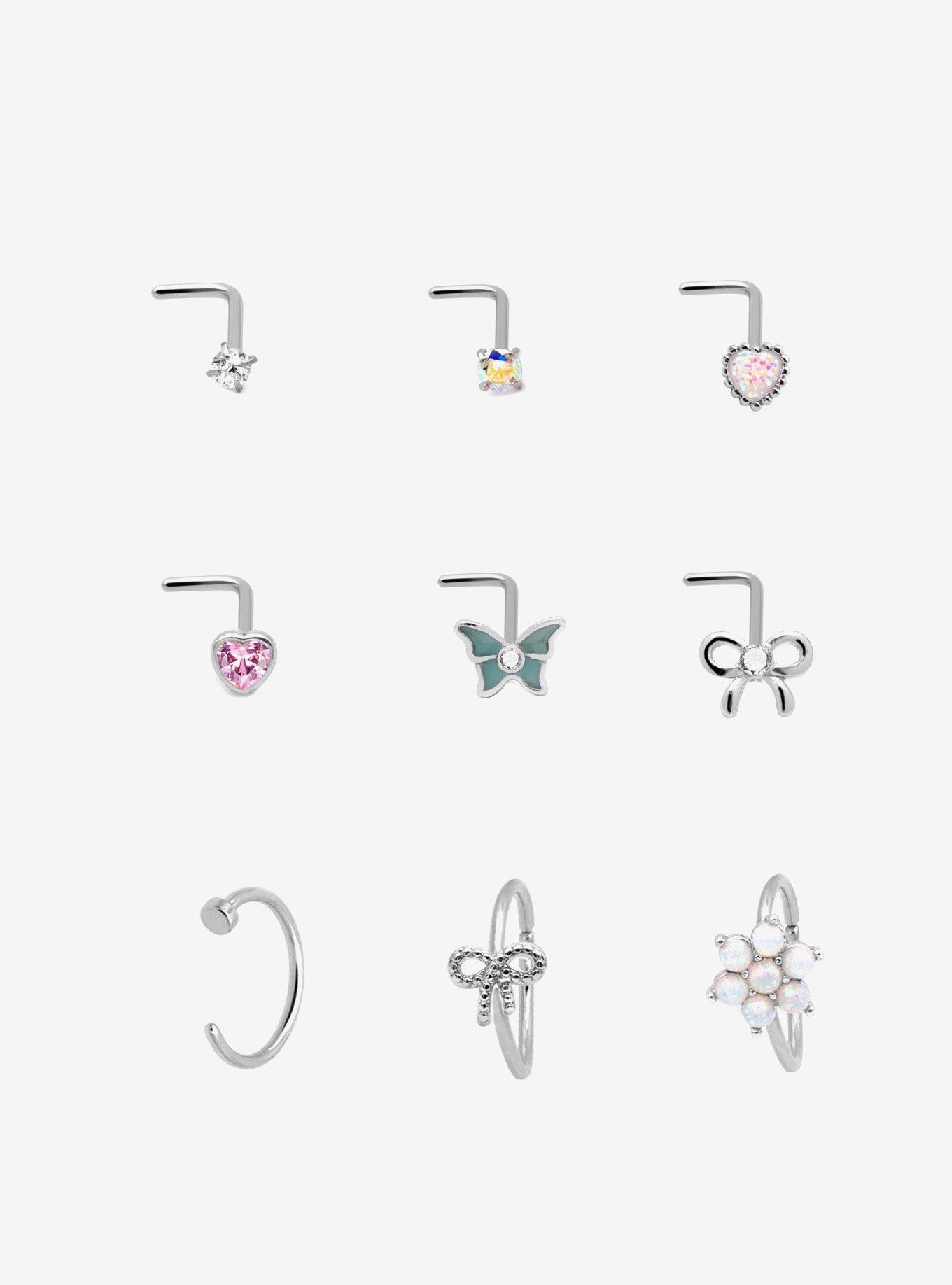 Steel Silver Opal & Butterfly Nose Stud & Hoop 9 Pack, , hi-res