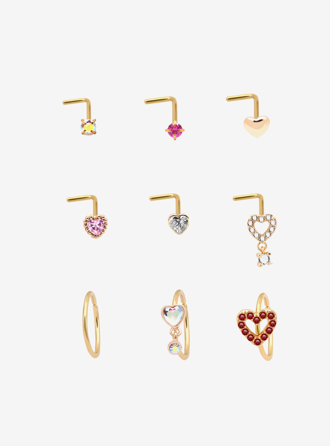 Steel Gold Pink Heart Nose Stud & Hoop 9 Pack, , hi-res