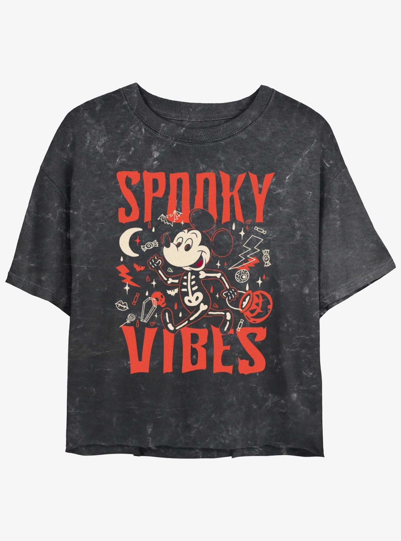 Disney Mickey Mouse Spooky Vibes Girls Mineral Wash Crop T-Shirt, BLACK, hi-res