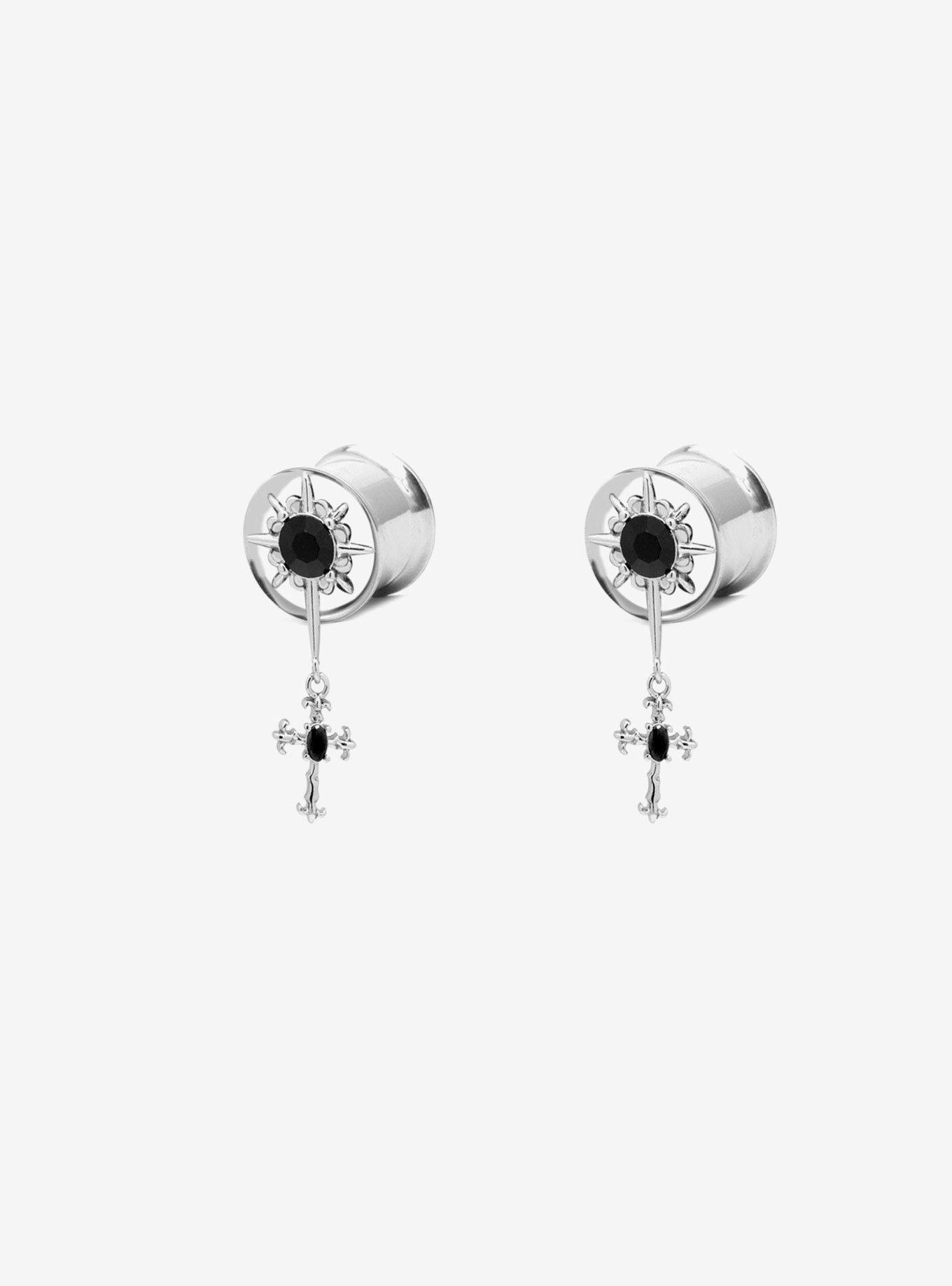 Steel Silver & Black CZ Cross Dangle Plug 2 Pack, , hi-res