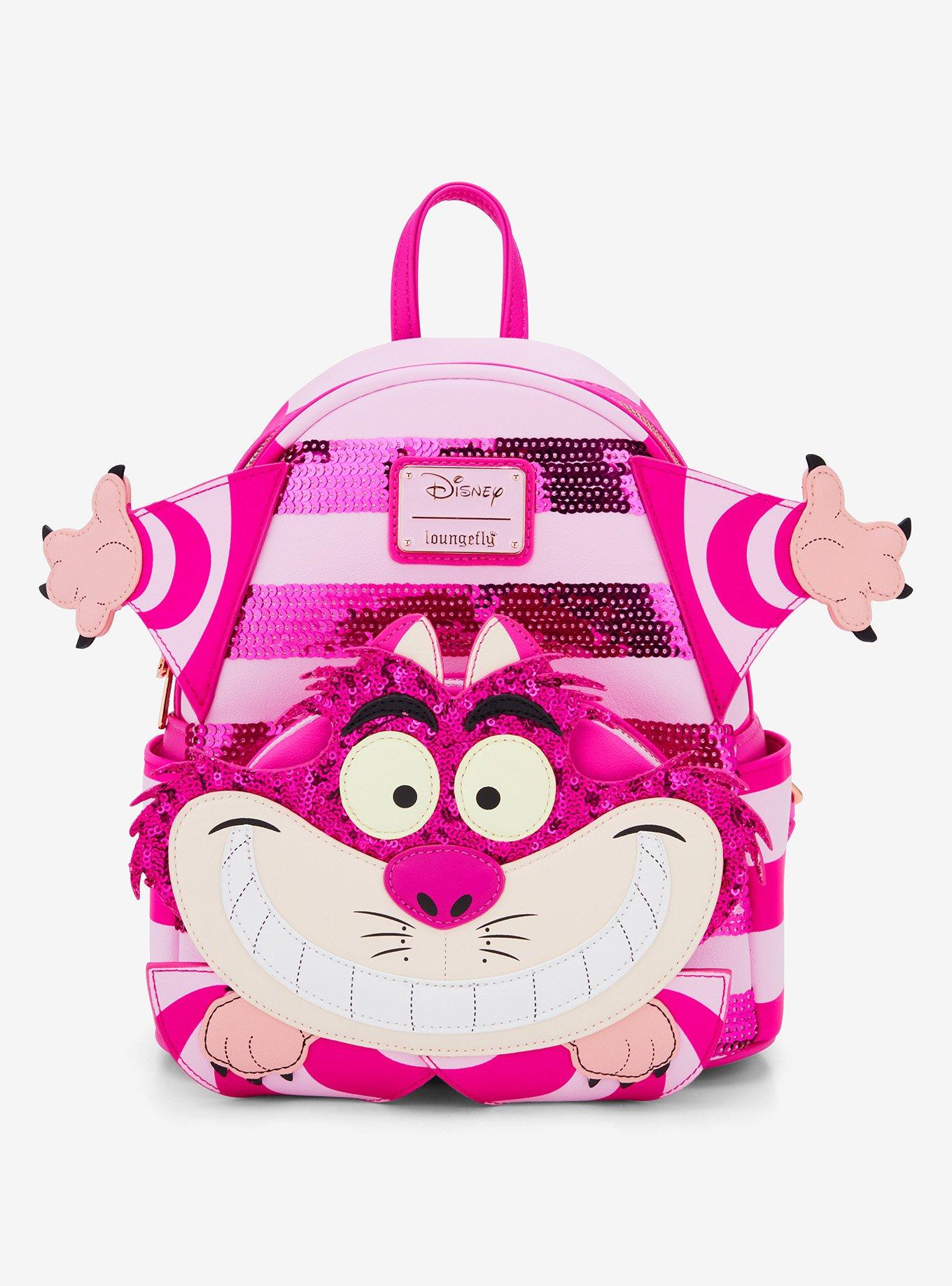 LOUNGEFLY outlet Disney Cheshire Cat FUZZY TAIL Mini Backpack Alice in Wonderland GLOWS