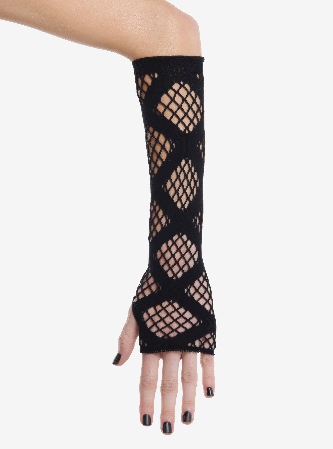 Black Geometric Fishnet Arm Warmers, , hi-res