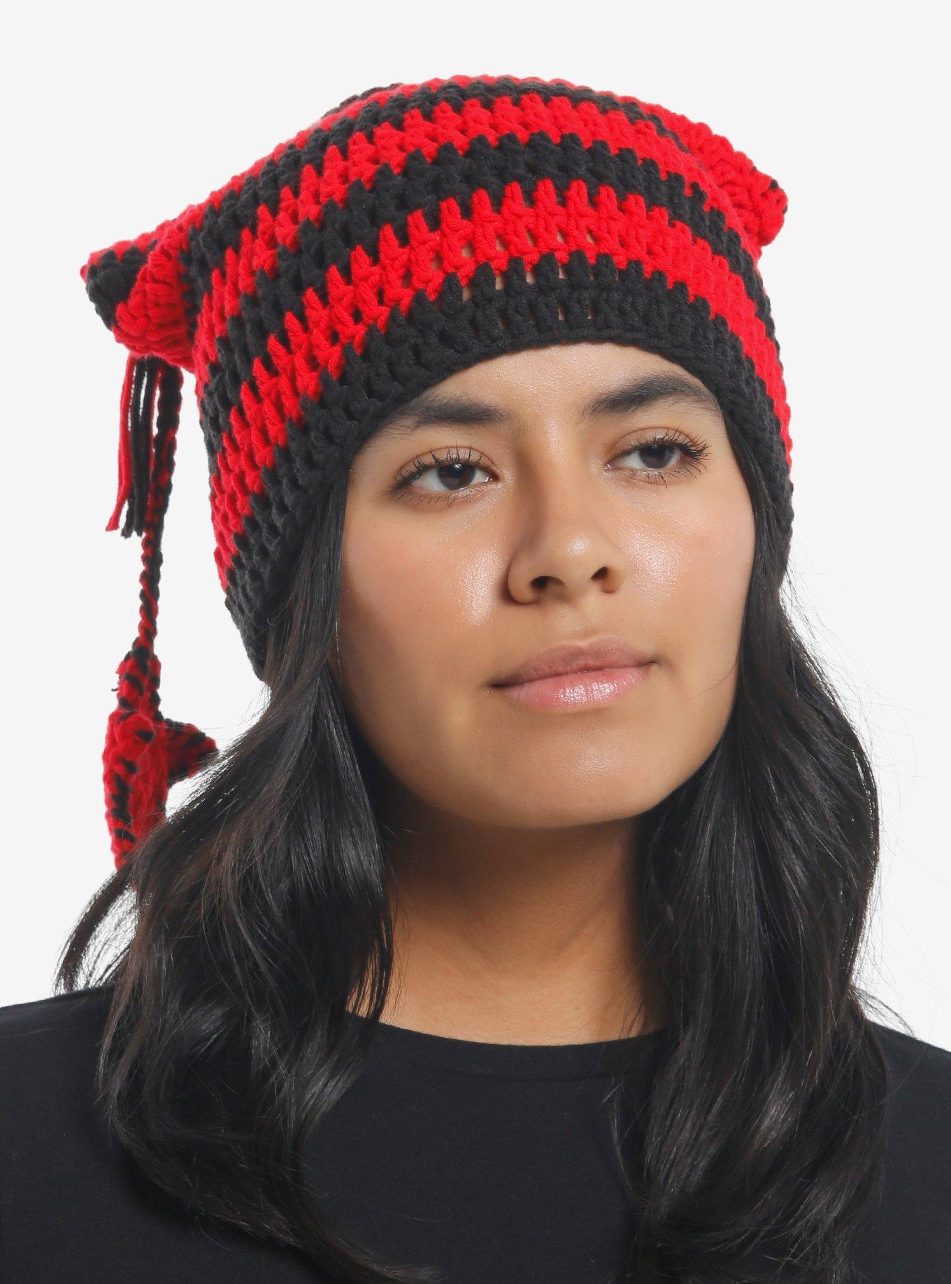 Black & Red Stripe Subtle Ear Star Tassel Beanie, , hi-res