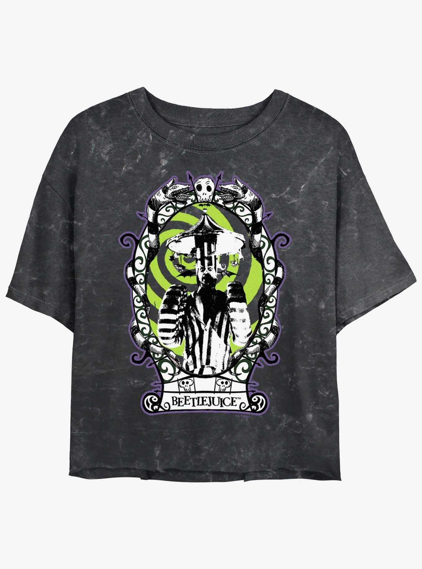 Beetlejuice Framed Carousel Girls Mineral Wash Crop T-Shirt, BLACK, hi-res