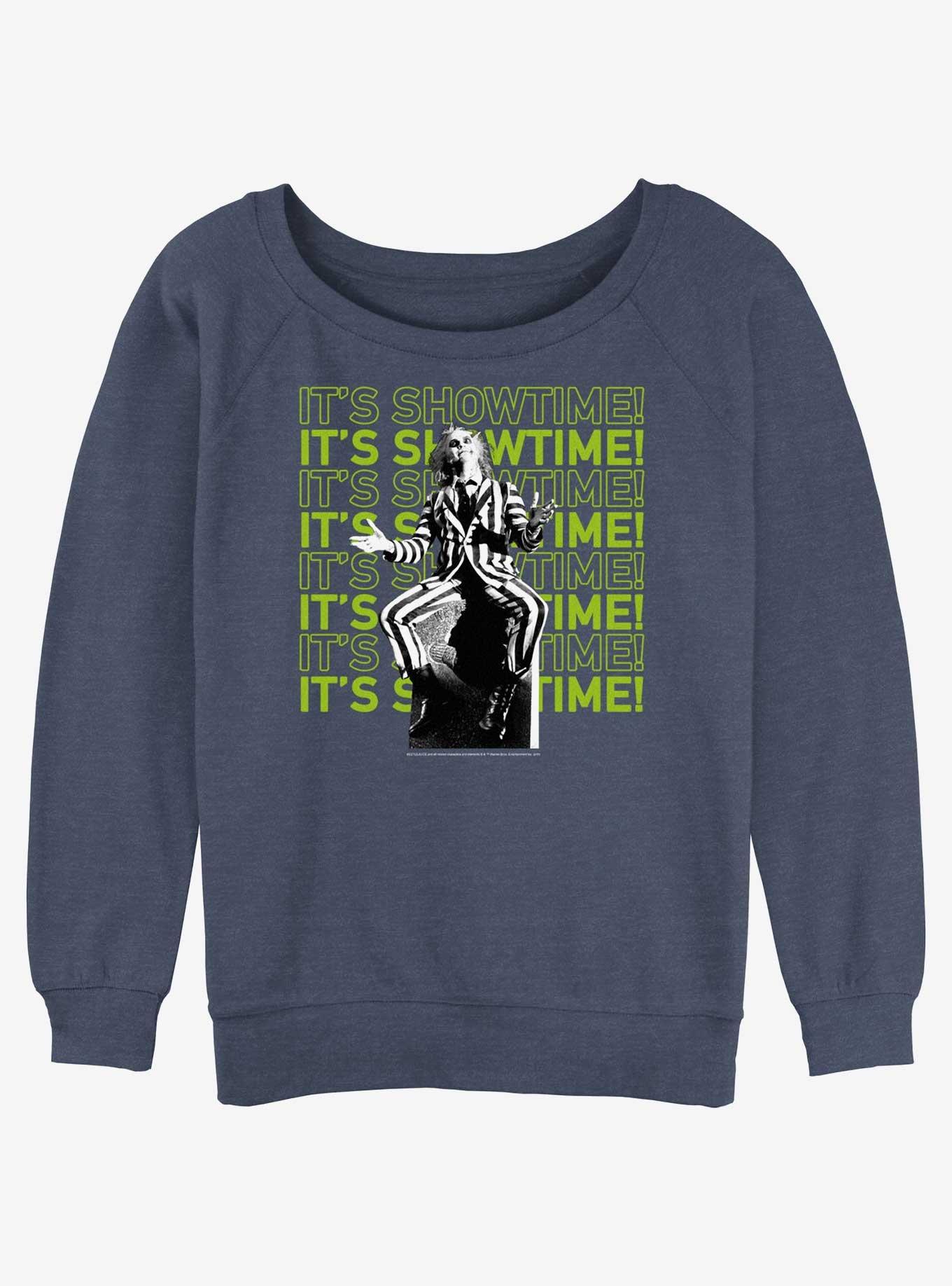 Beetlejuice It's Showtime Repeating Text Girls Slouchy Sweatshirt, , hi-res