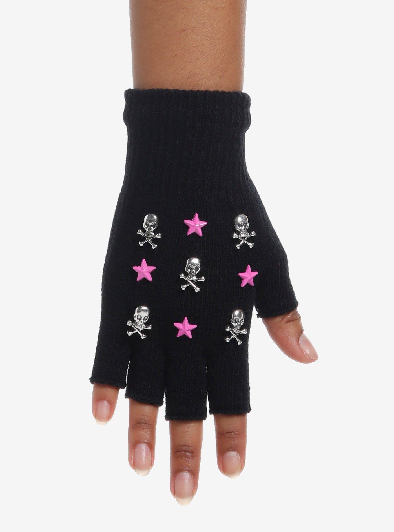 Skull Pink Star Stud Fingerless Gloves, , hi-res