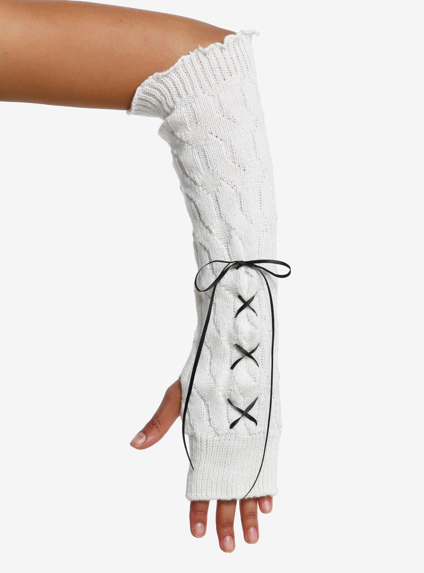 Cream Cable Knit Black Lace-Up Arm Warmers, , hi-res