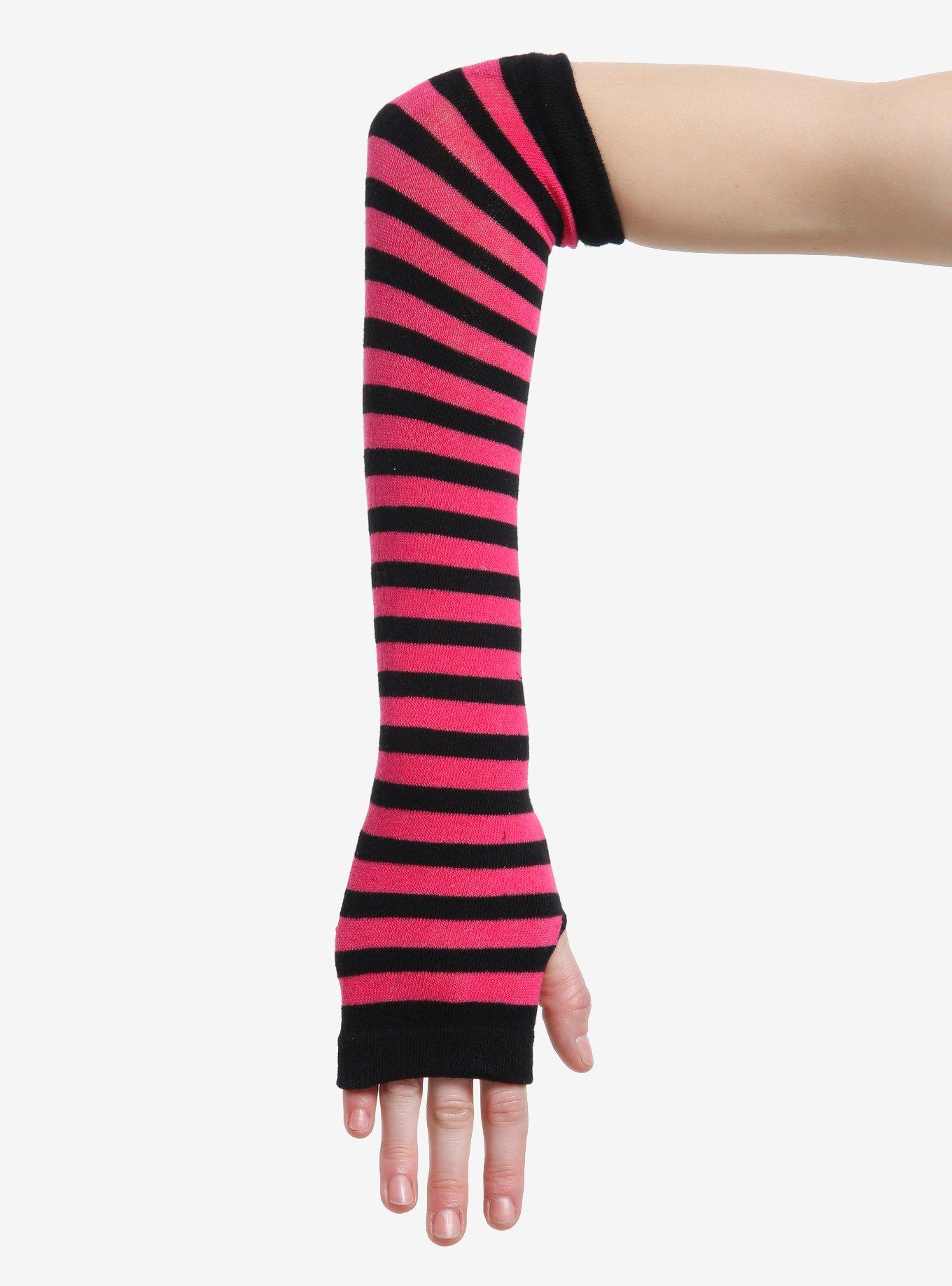 Pink & Black Stripe Long Arm Warmers | Hot Topic