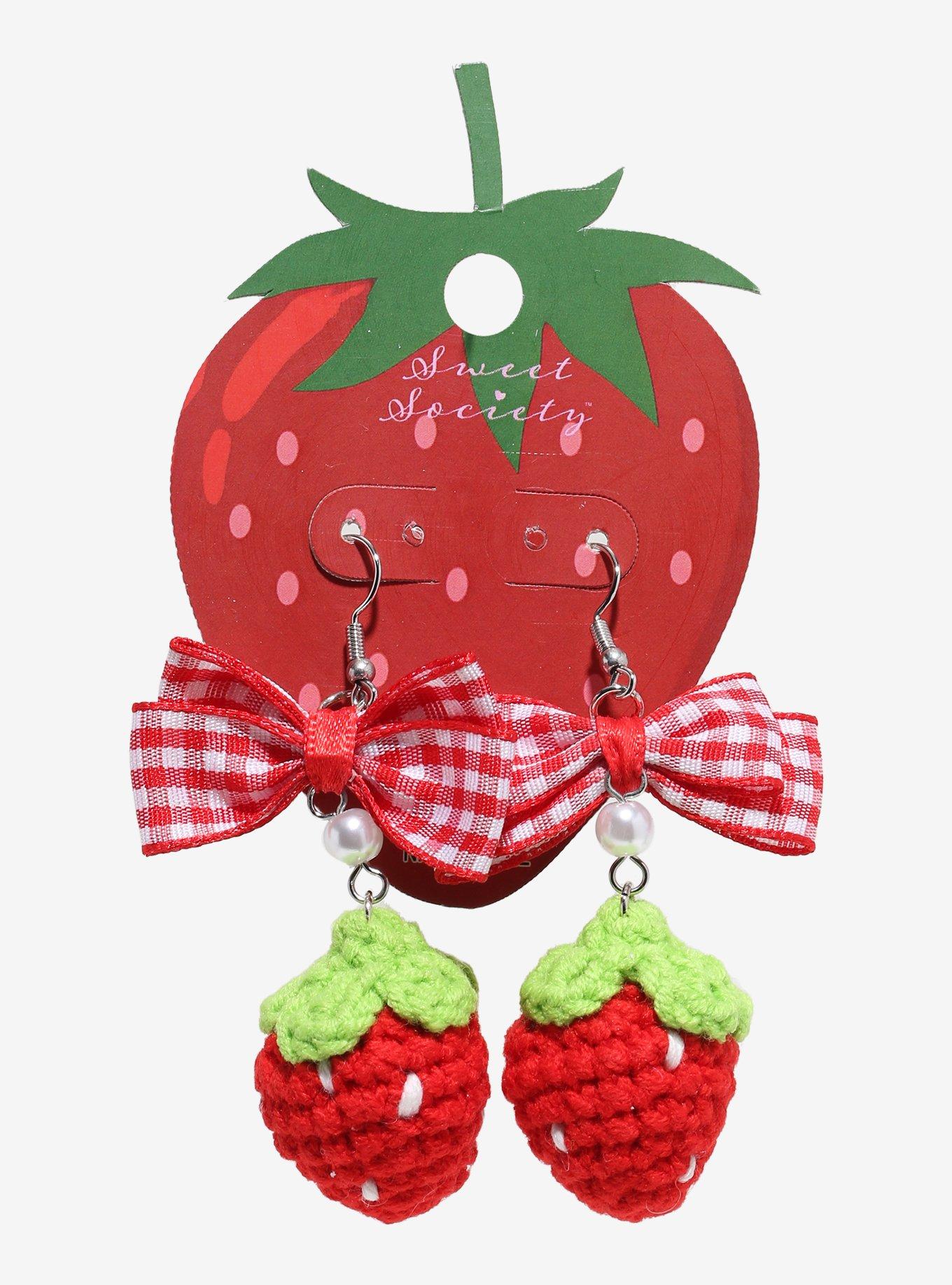 Sweet Society Crochet Strawberry Bow Drop Earrings, , hi-res