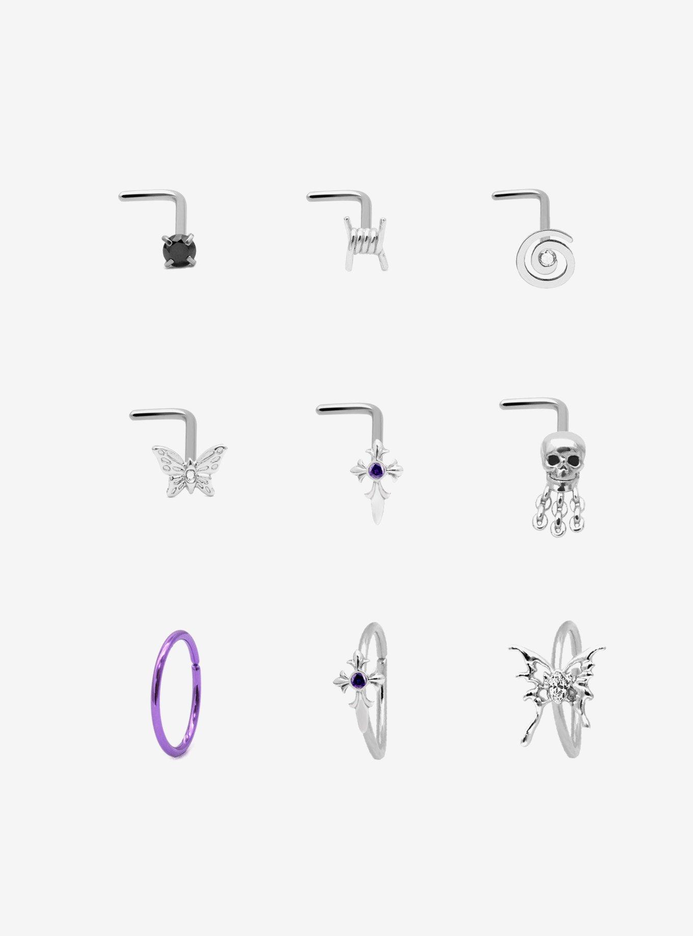 Steel Silver Skull & Cross Nose Stud & Hoop 9 Pack, , hi-res