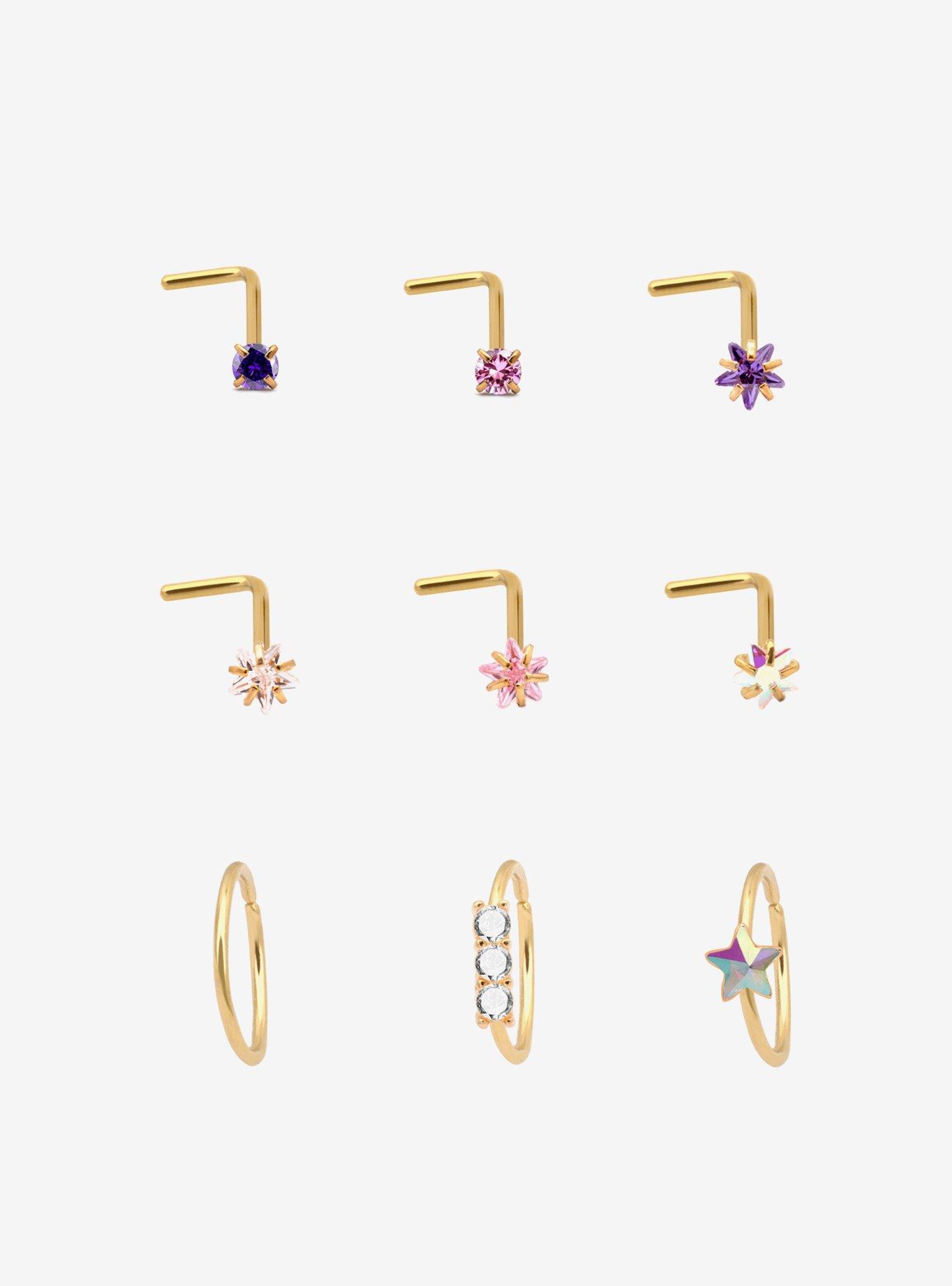 Steel Gold Star Nose Stud & Hoop 9 Pack, , hi-res