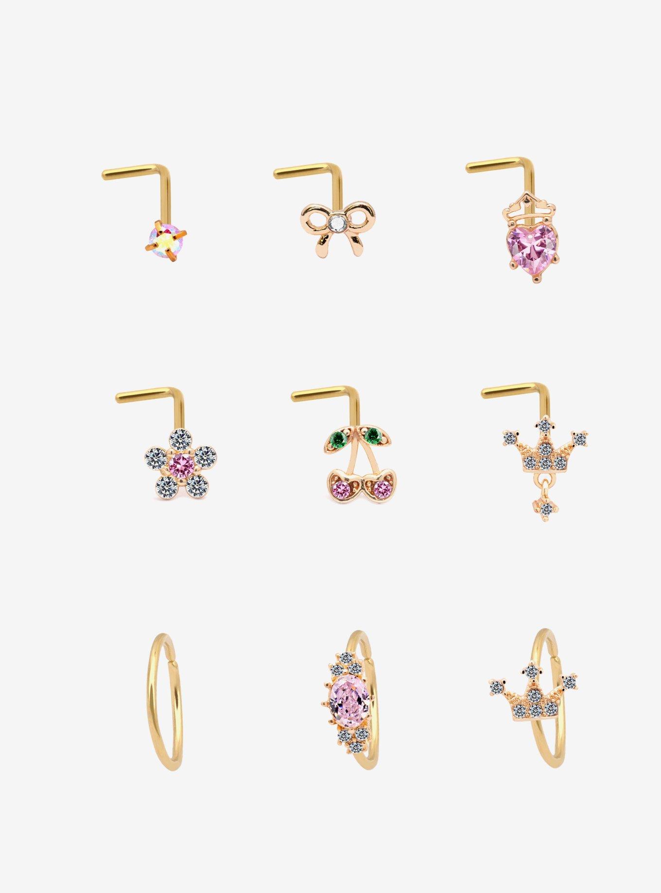 Steel Gold Blingy Princess Nose Stud & Hoop 9 Pack, , hi-res
