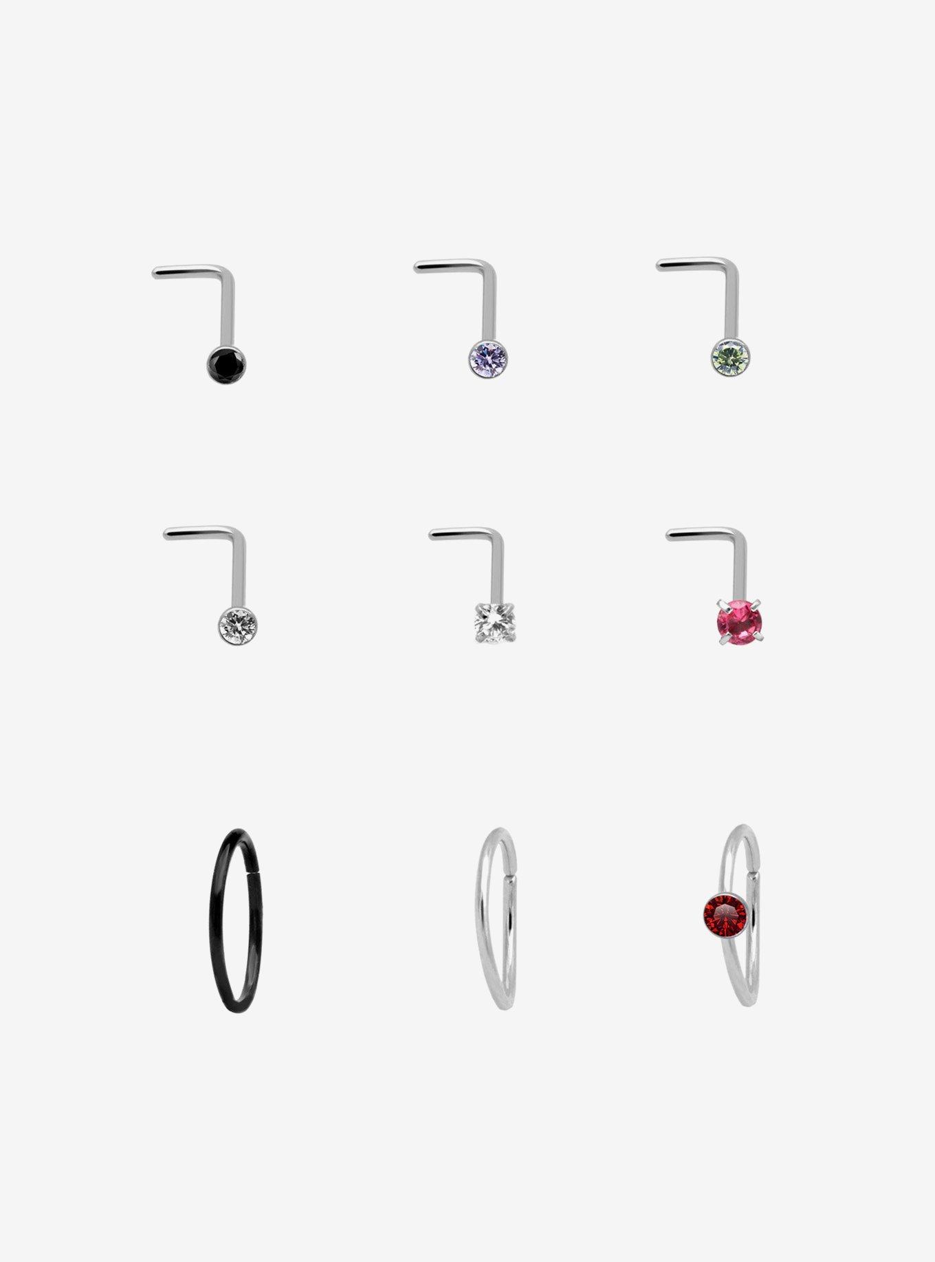 Steel Silver Basic Nose Stud & Hoop 9 Pack, , hi-res