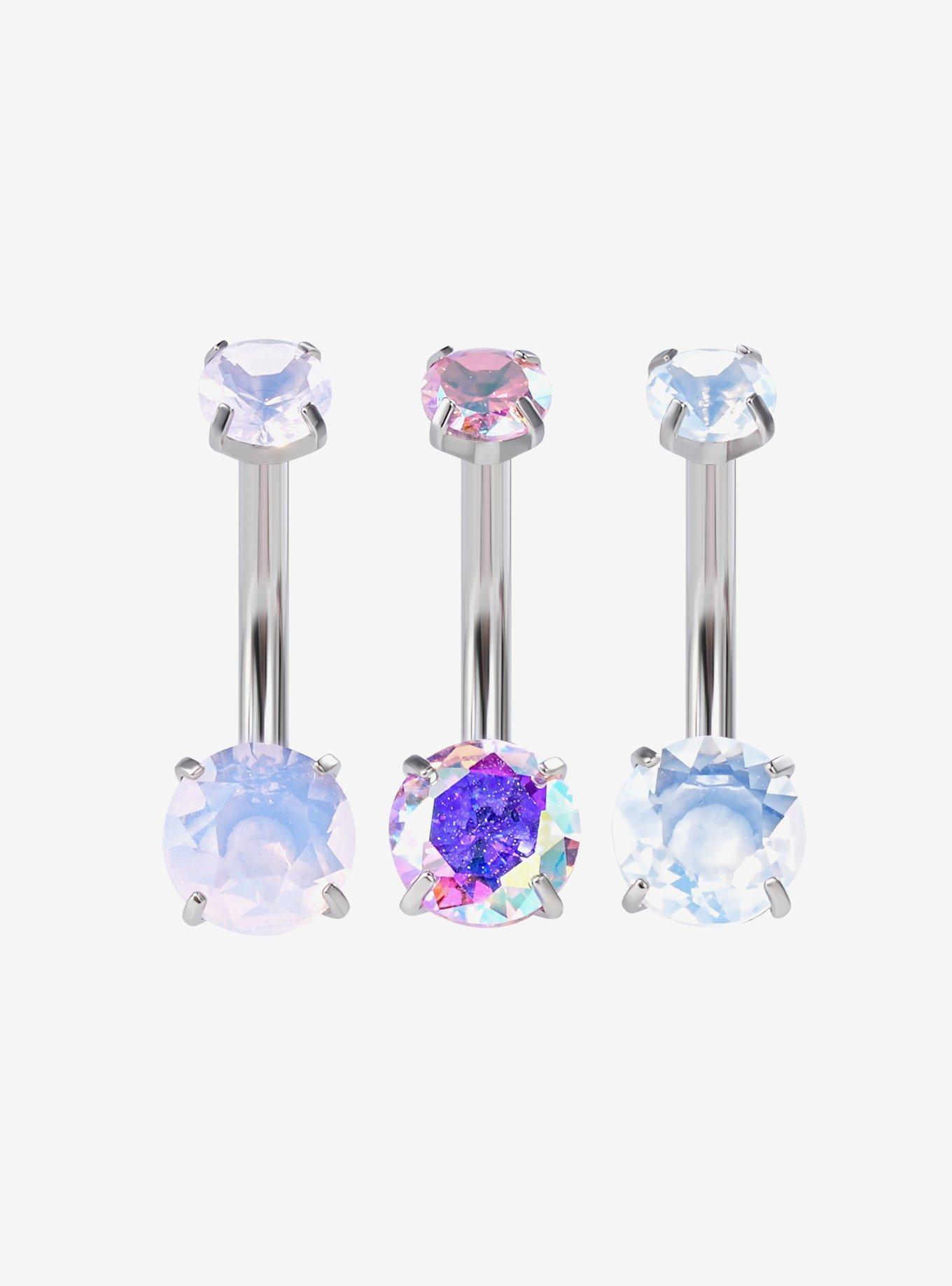 14G Steel Silver Opalite Navel Barbell 3 Pack, , hi-res