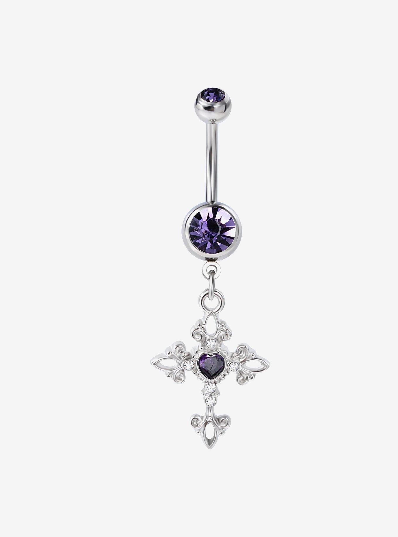 14G Steel Silver Purple CZ Cross Navel Barbell, , hi-res