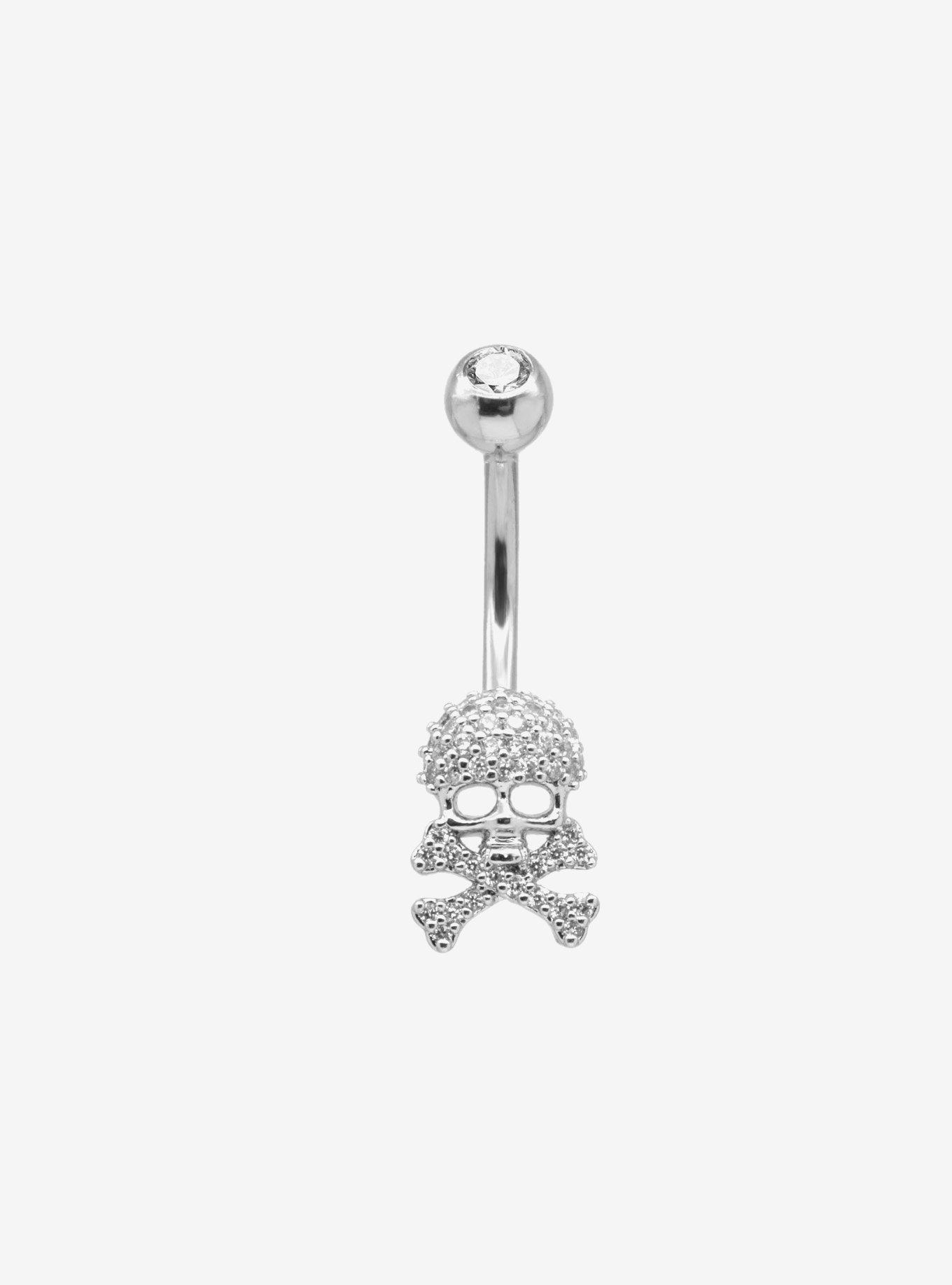 14G Steel Silver Bling Skull Navel Barbell, , hi-res