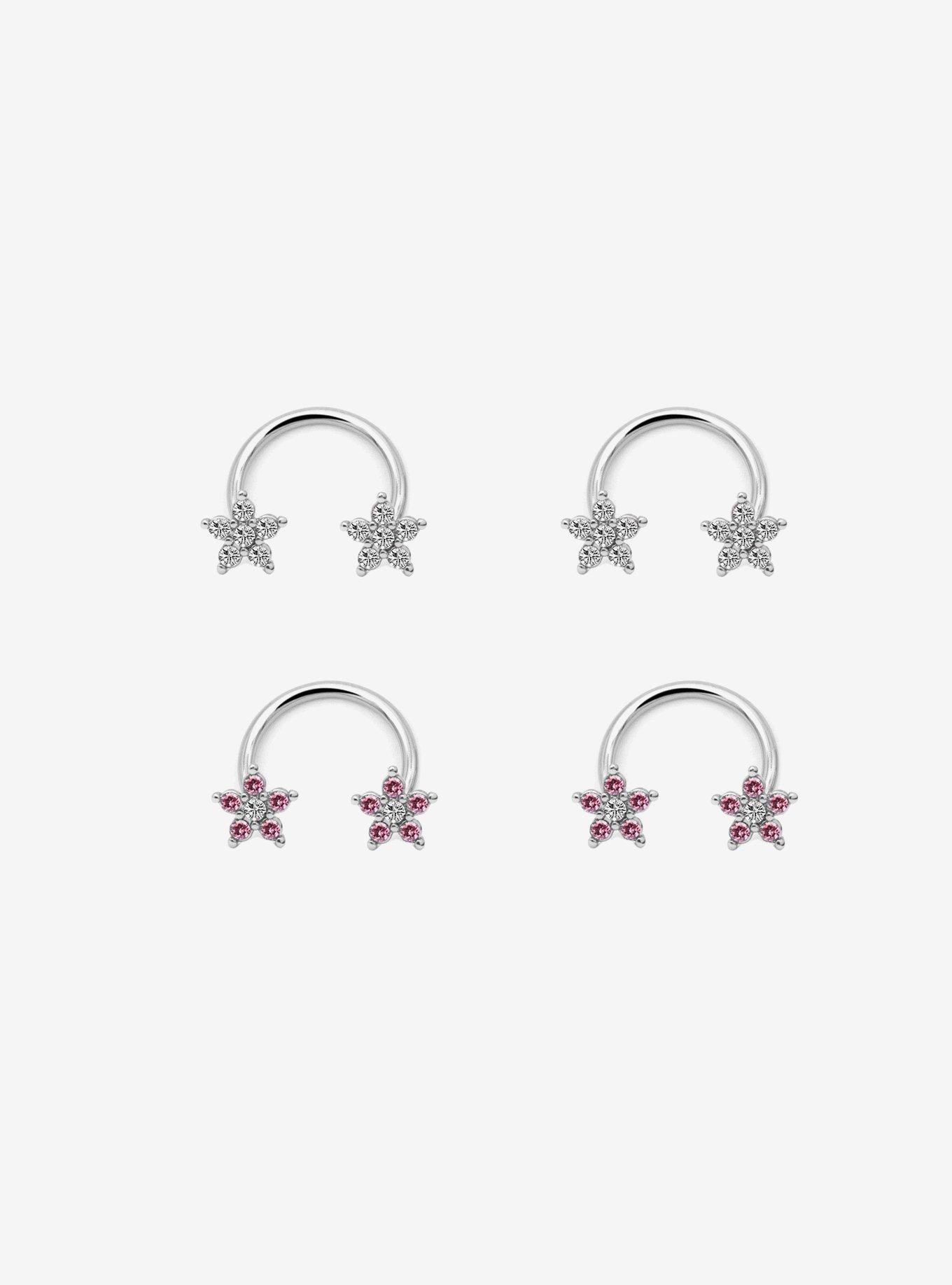 Steel Silver CZ Flower Circular Barbell 4 Pack, , hi-res