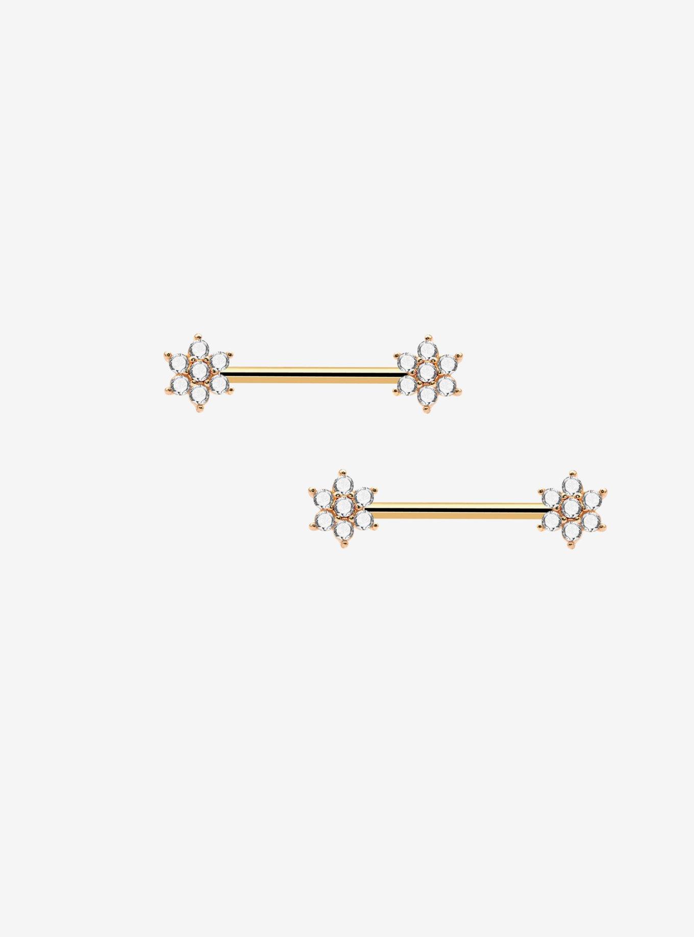 14G Steel Gold CZ Flower Nipple Barbell 2 Pack, , hi-res