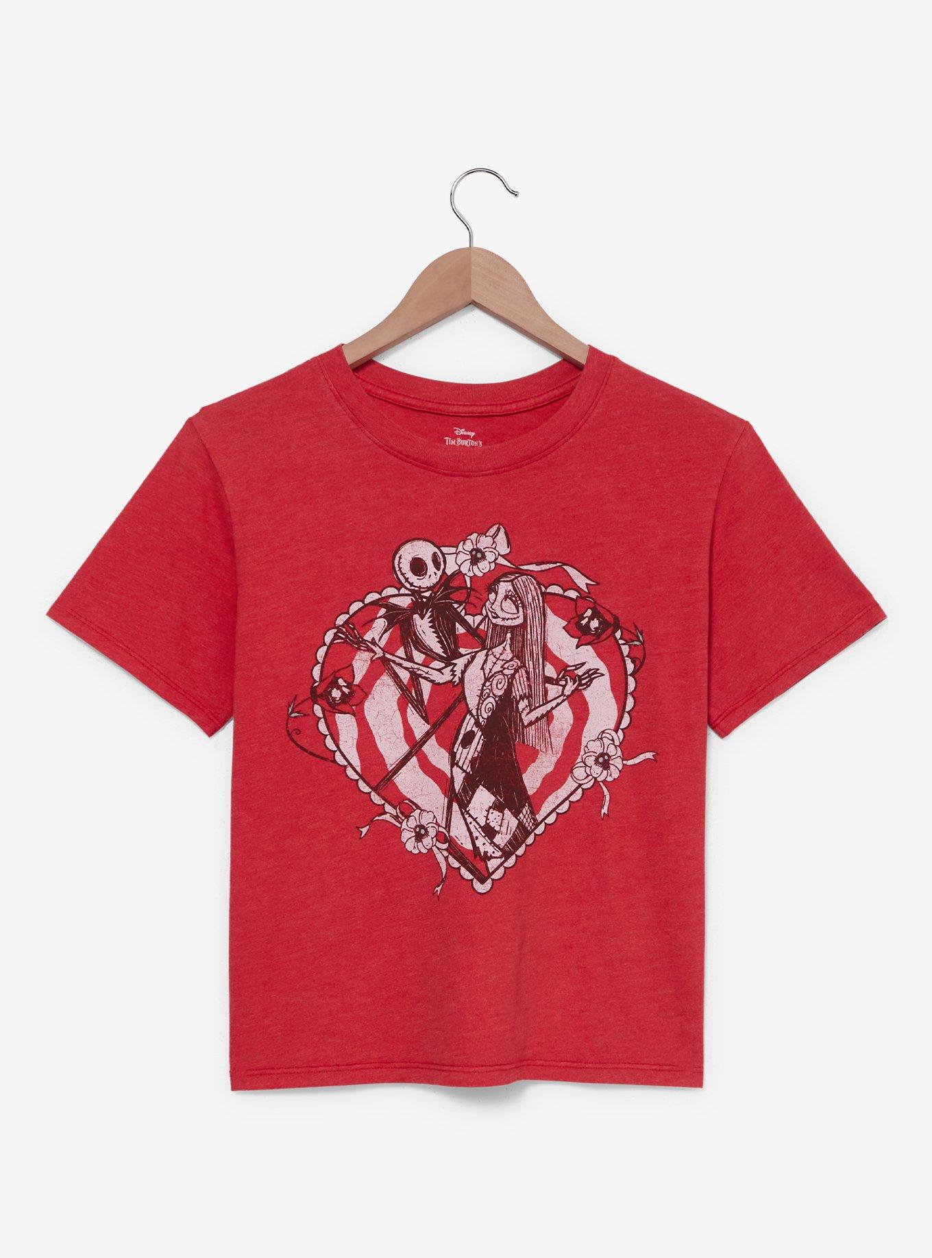 Disney The Nightmare Before Christmas Jack & Sally Heart Women's Cropped T-Shirt, RED, hi-res