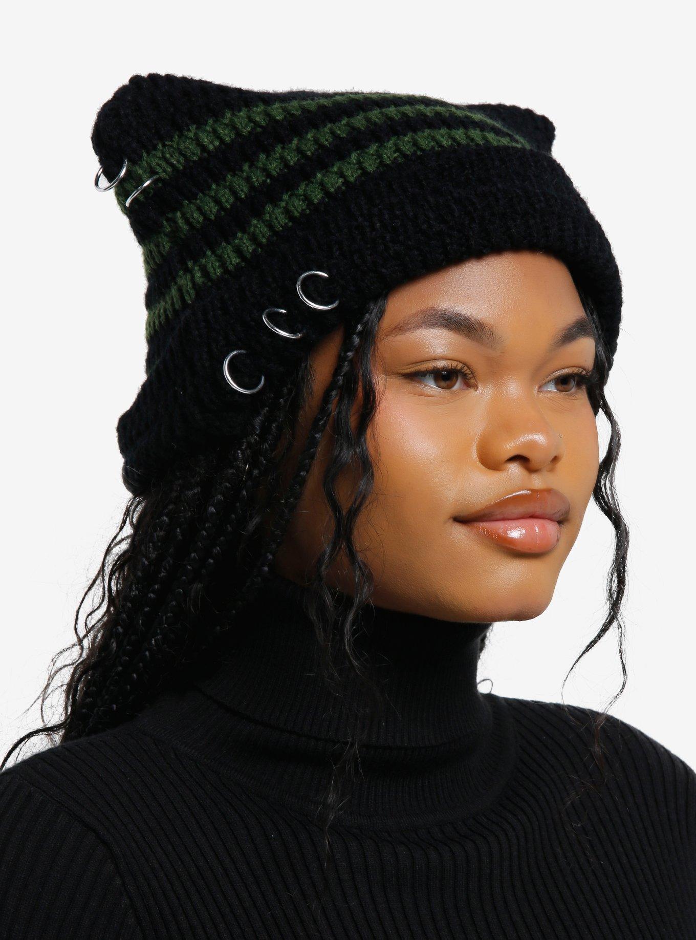 Black & Green Stripe Pierced Ear Beanie, , hi-res