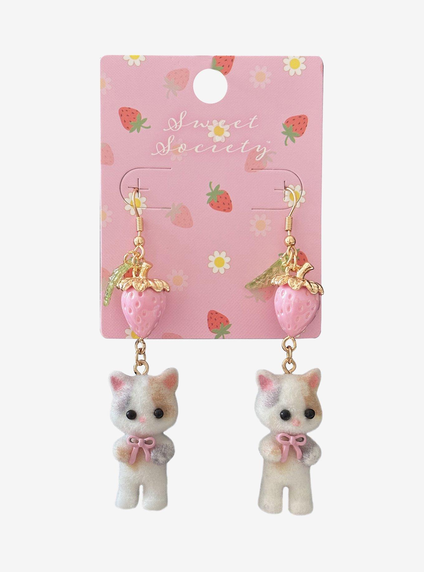 Sweet Society Pink Strawberry Cat Drop Earrings, , hi-res